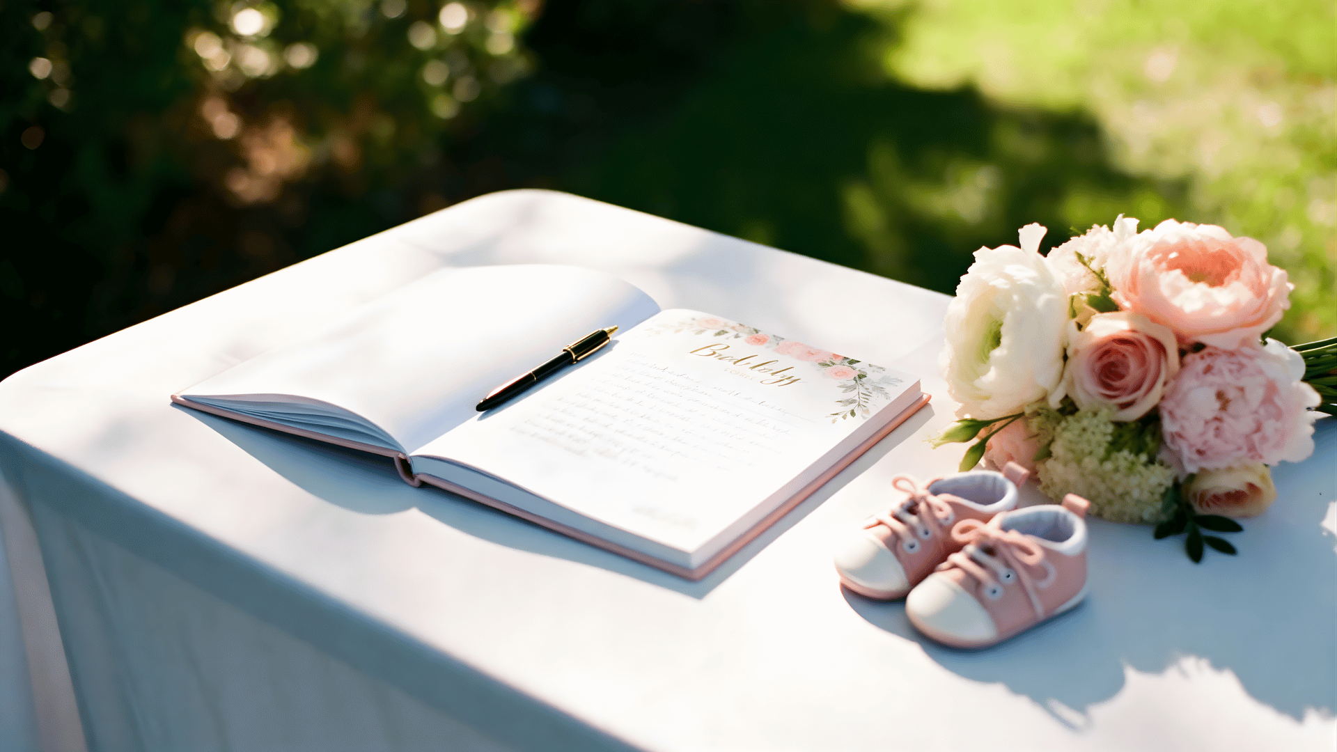 An open baby shower book with a pen and pastel decorations, ready for heartfelt messages from guests
