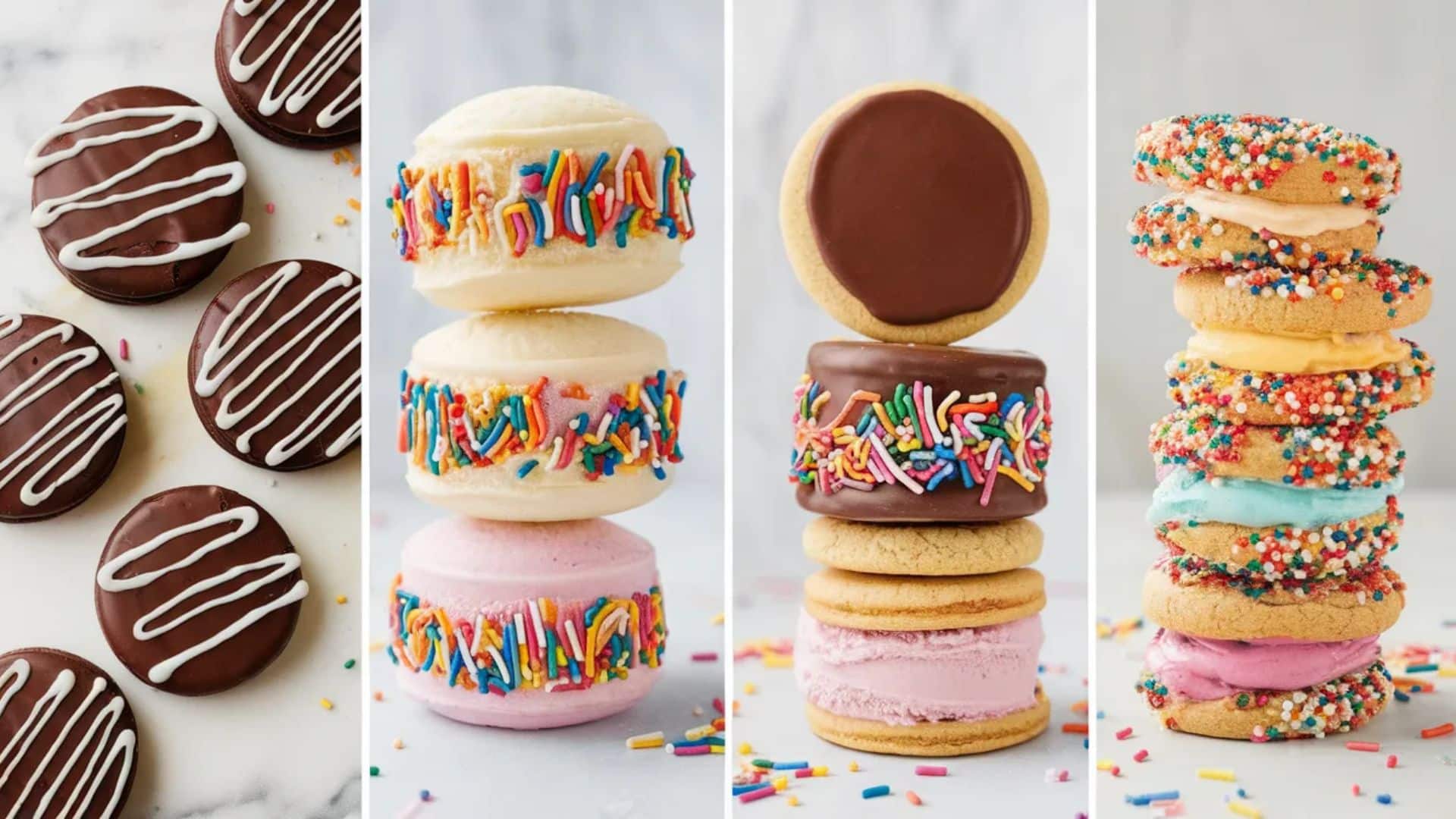 Assorted cookie ice cream sandwiches with chocolate drizzle and rainbow sprinkles stacked in four columns