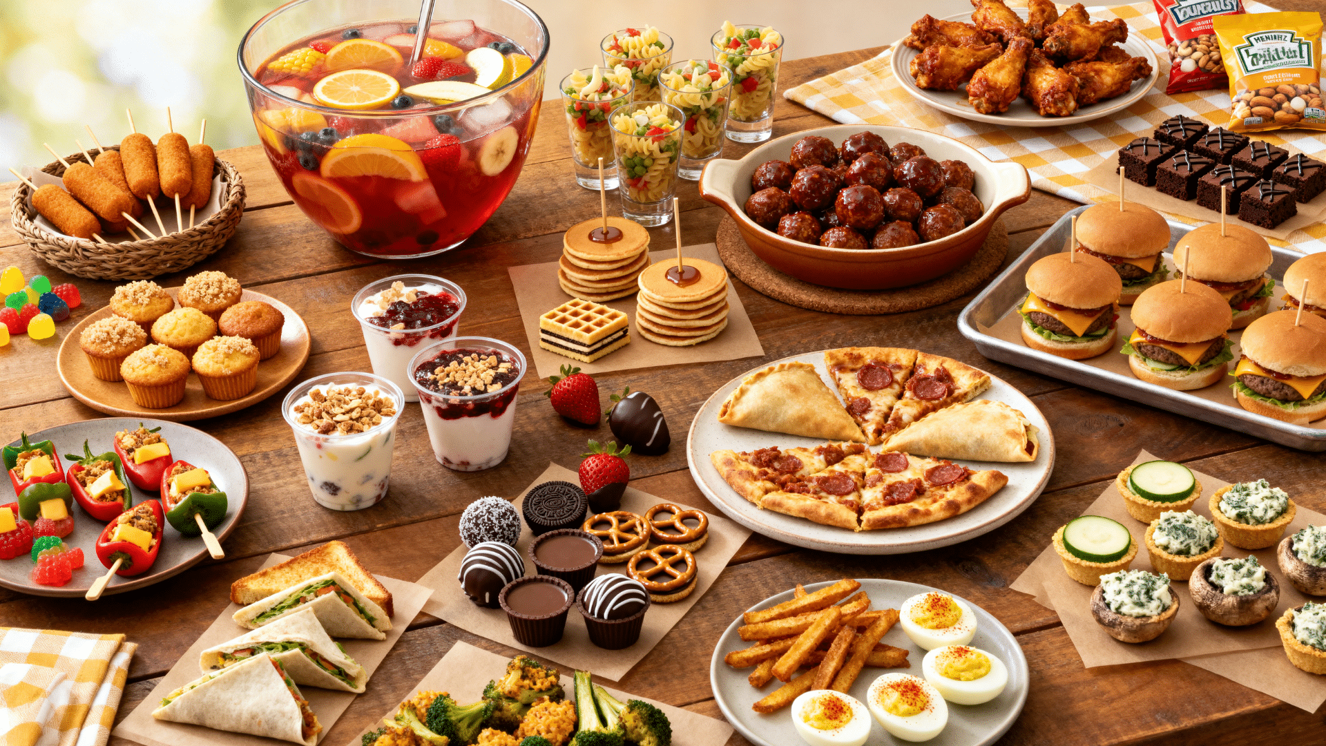 Colorful kids' birthday party spread sliders, wings, pizza, corn dogs, cupcakes, fruit, pretzels & sweets on a brown table
