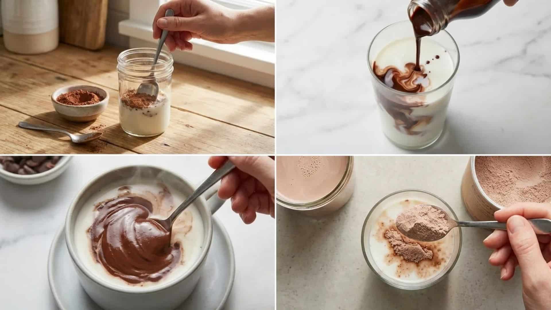 Four ways to make chocolate milk stirring cocoa powder, pouring chocolate syrup into milk, mixing in a mug, and adding powdered mix