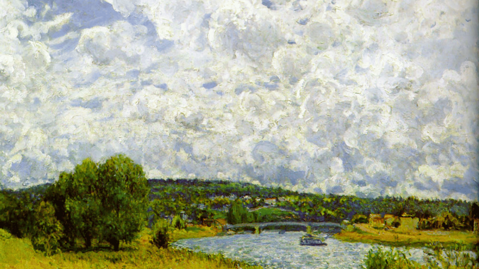 Impressionist landscape with textured clouds, river, bridge, and green fields under a bright sky.