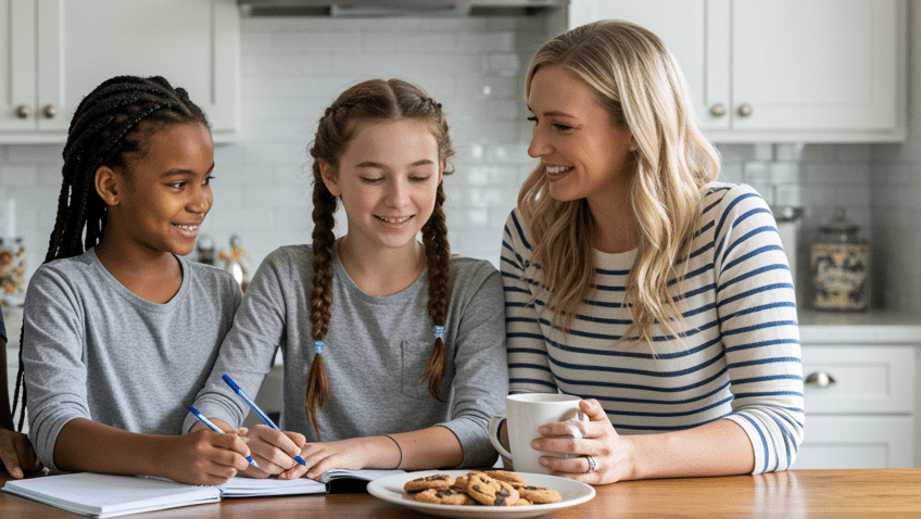 Mom talking calmly with her tweens at home, guiding them through emotions and early teenage changes.