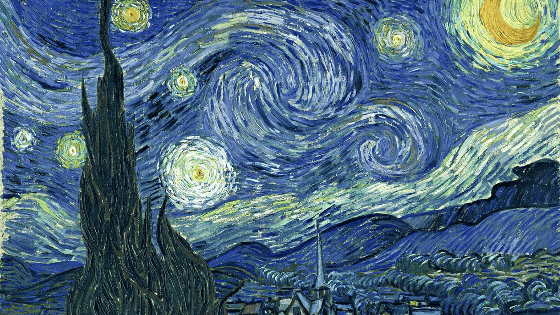 Van Gogh’s Starry Night with swirling sky, bright stars, crescent moon, and quiet village below dark cypress tree.