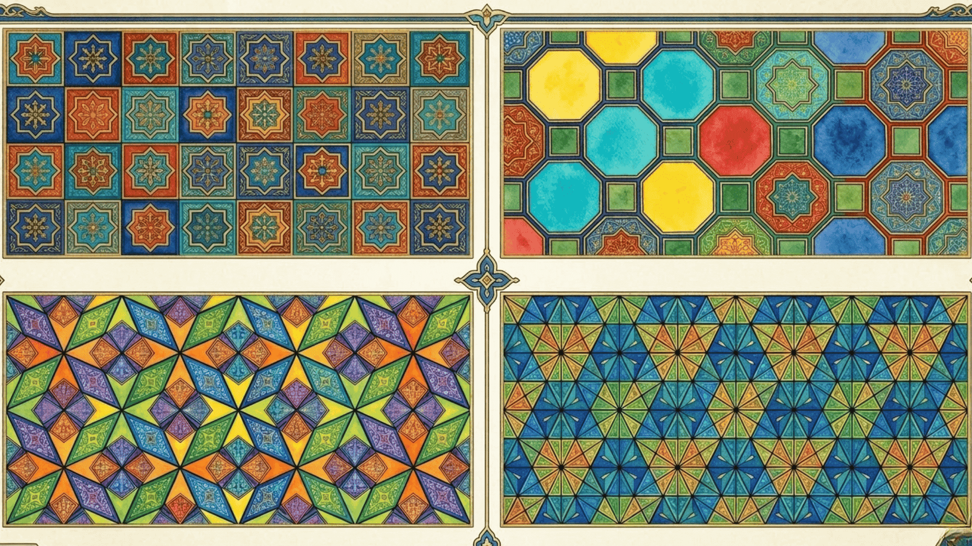 a beautiful four grid collage of square tessellation art,octagonal tessellation art, kite tessellation art,diamond tessellation art and equilateral triangle tessellation art