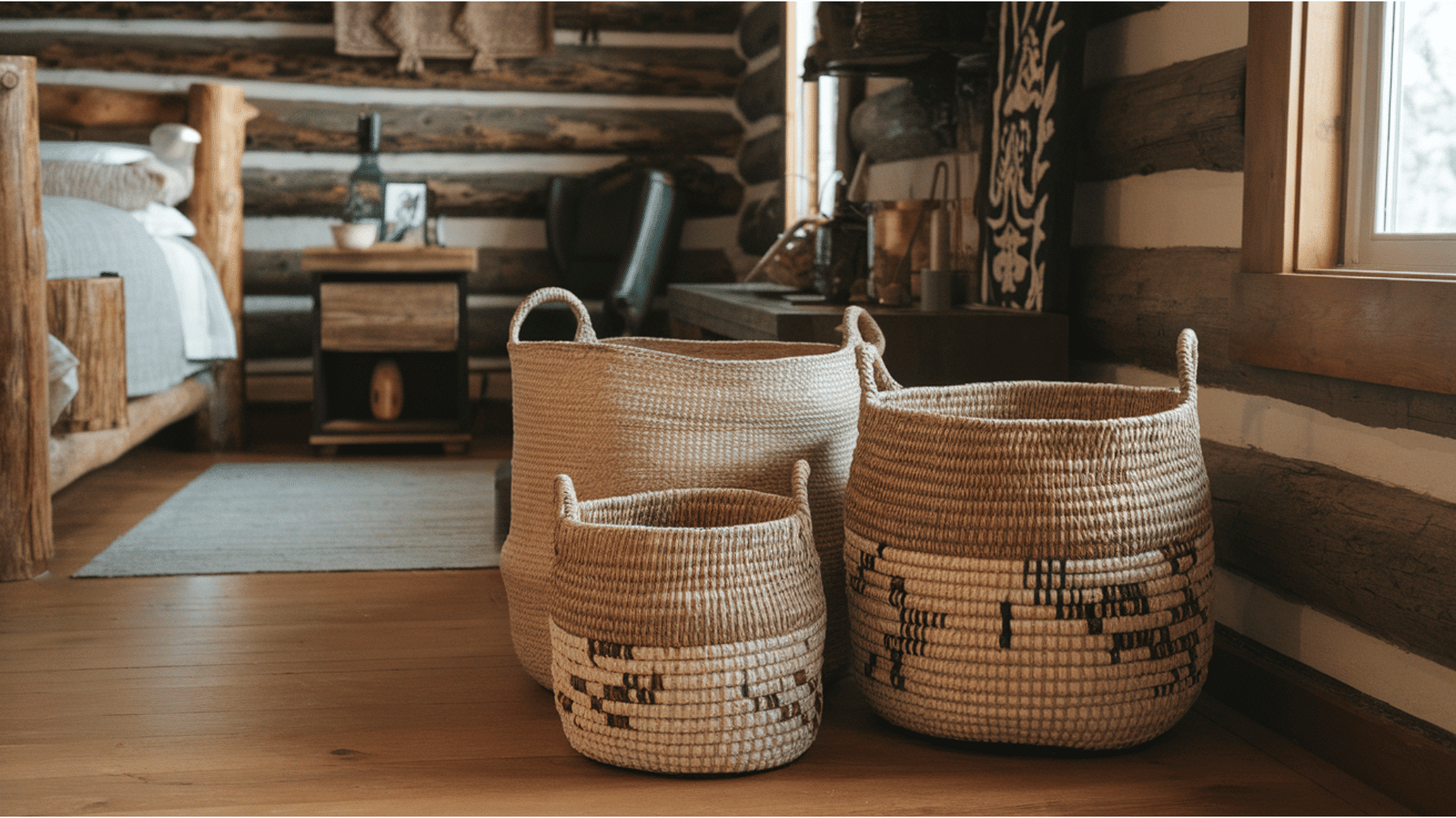 a cabin bedroom with a handwoven rug and rustic furnishings, showcasing a cozy feel.