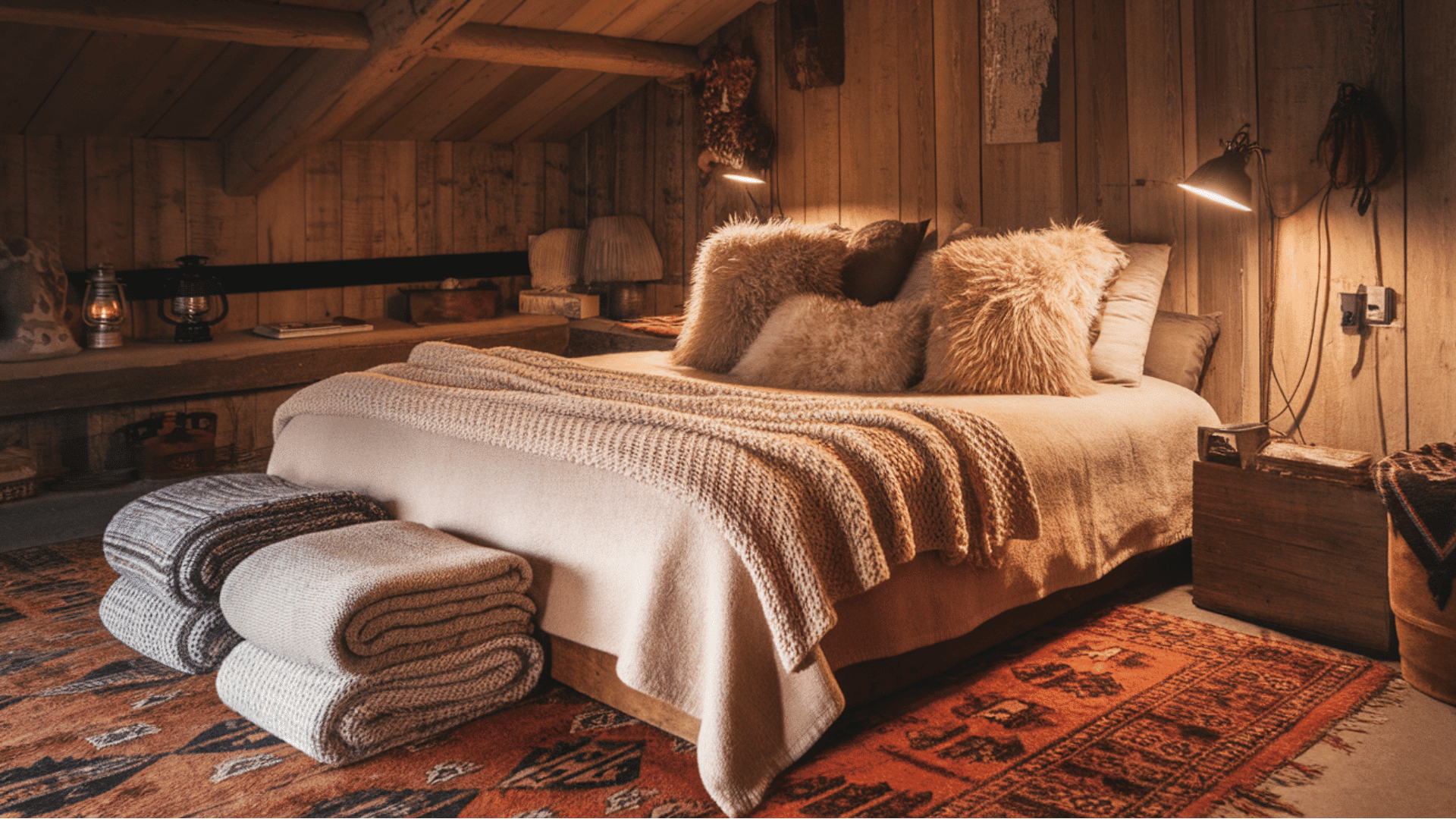 a cabin bedroom with a large bed and cozy textile layers, creating a rustic feel.