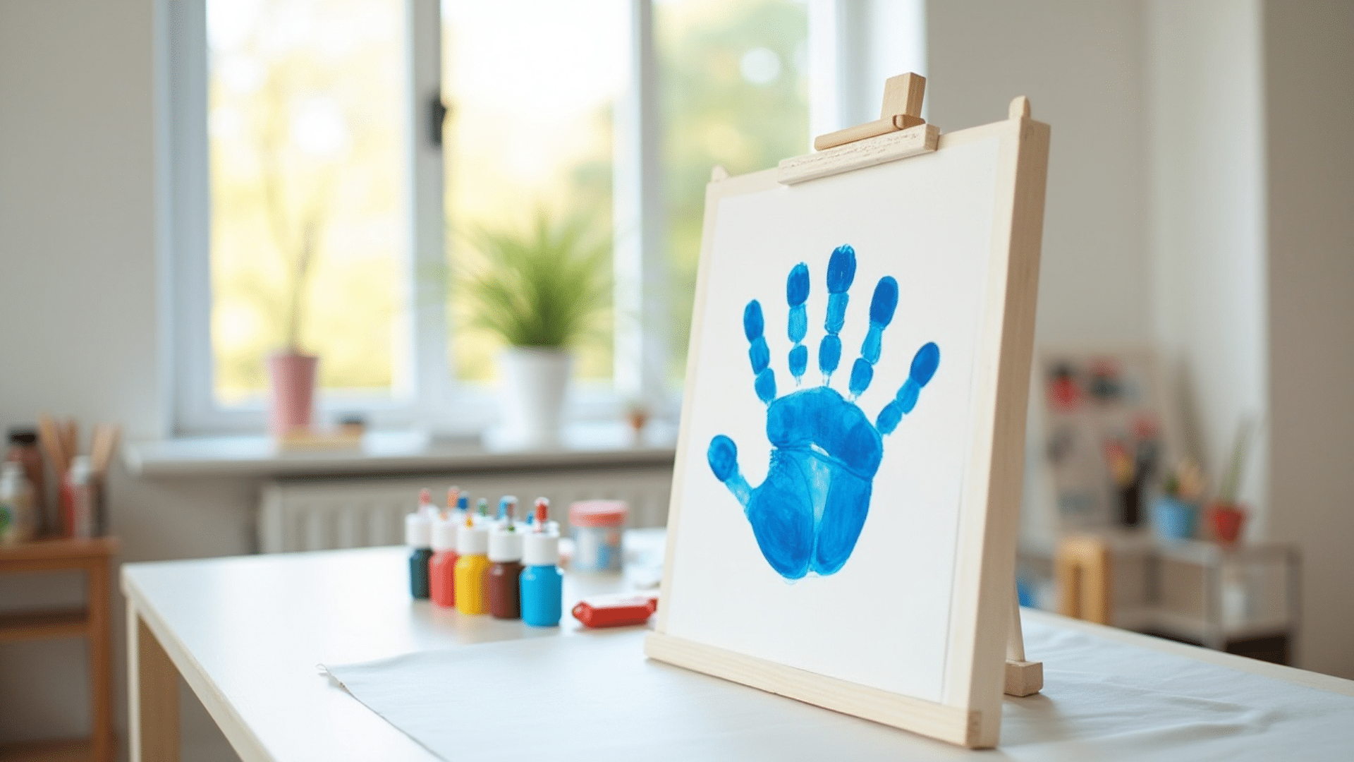a child's handprint stamped in blue paint on a white canvas kept on table in a room