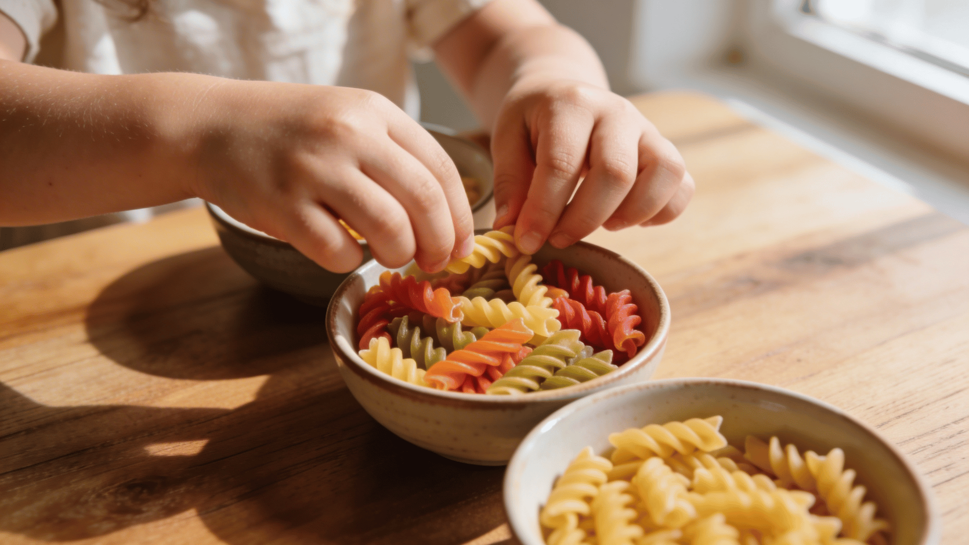 a child’s hands carefully sort bright, multicolored spiral pasta into small ceramic bowls on a wooden table