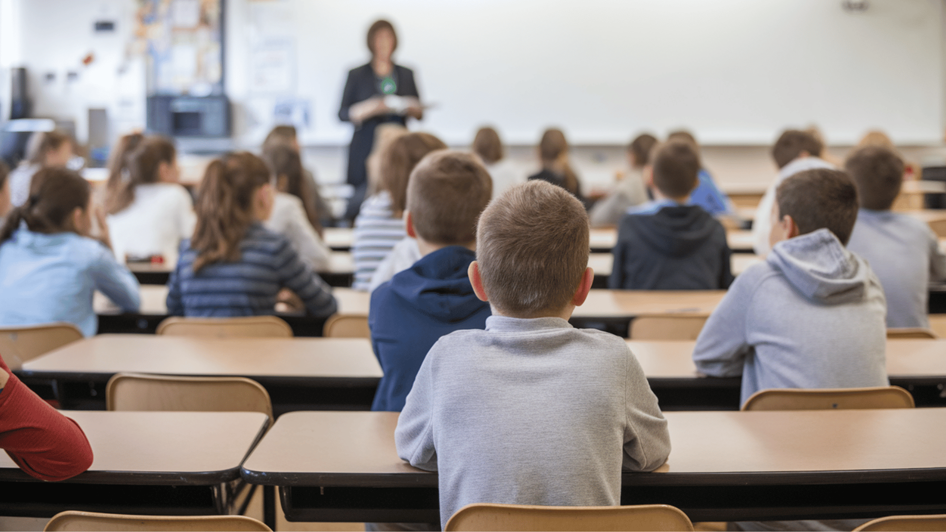 a classroom scene with students seated and a teacher standing in front.
