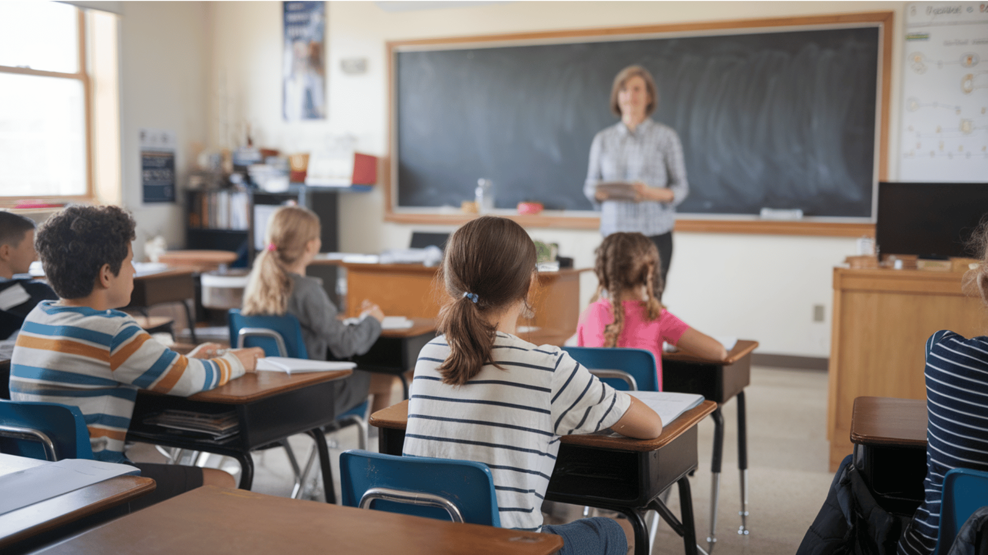 a classroom setting with middle school students paying attention to the teacher.