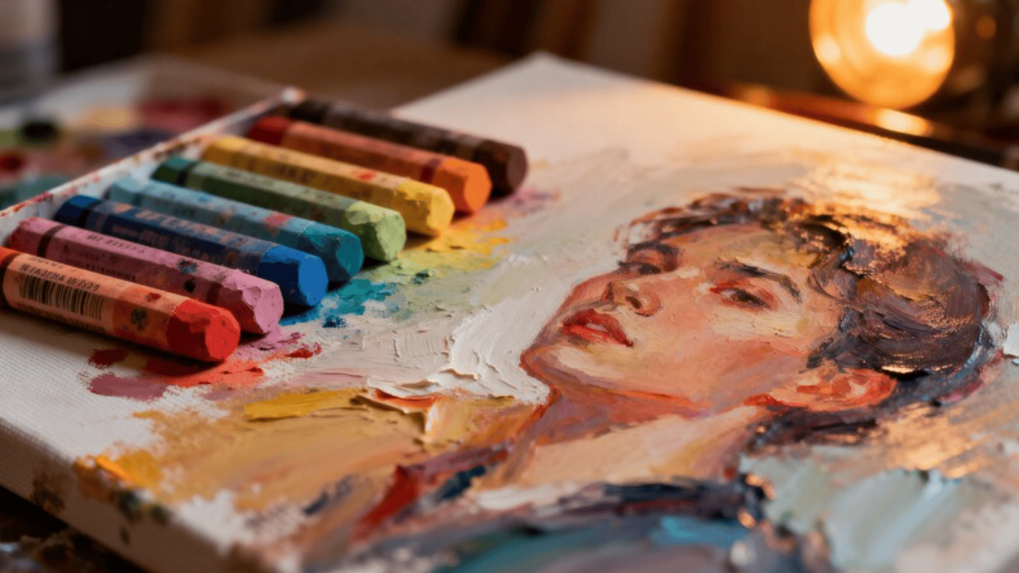a close-up view of a colorful pastel artwork on canvas featuring a portrait, with vibrant pastel sticks arranged beside it
