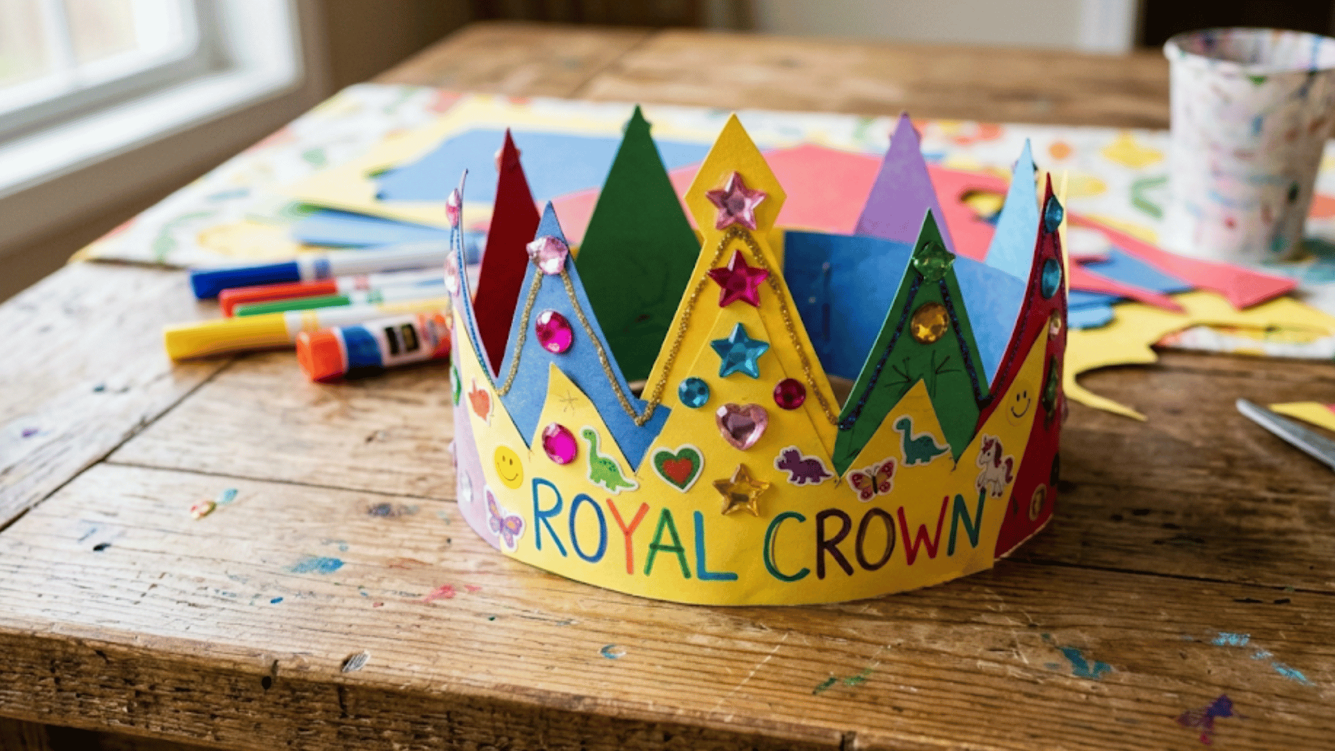 a colorful diy paper crown decorated with gems and stickers kept on a wooden table