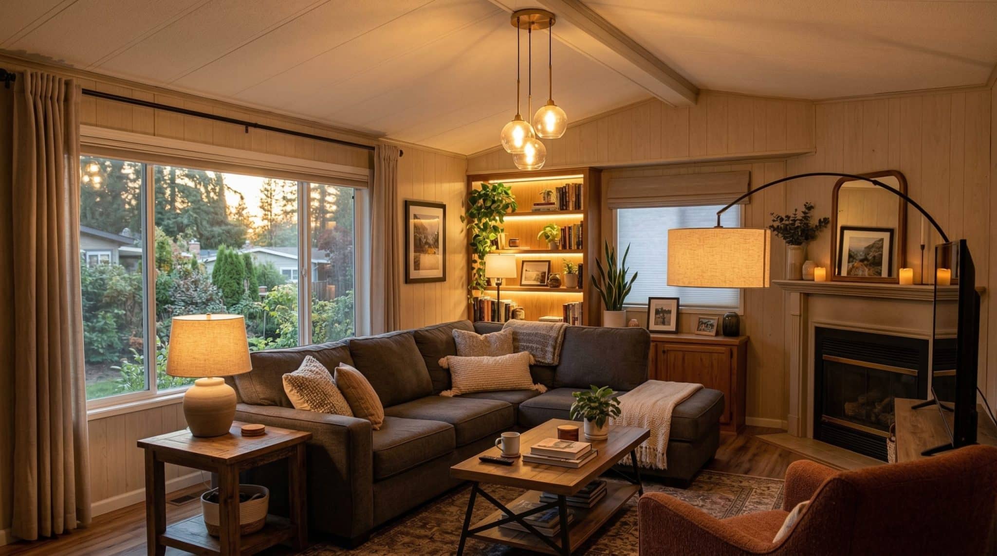 a cosy mobile living room with layered lighting and compact furniture