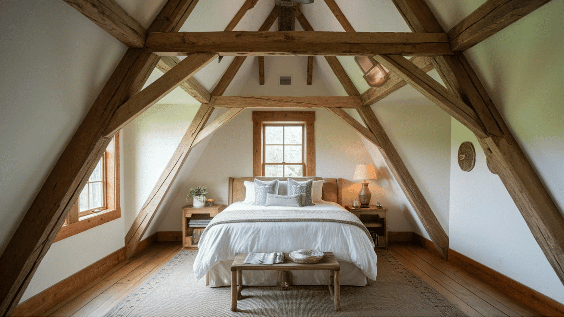 a cozy cabin bedroom with a vaulted ceiling, wooden beams, and a simple bed setup