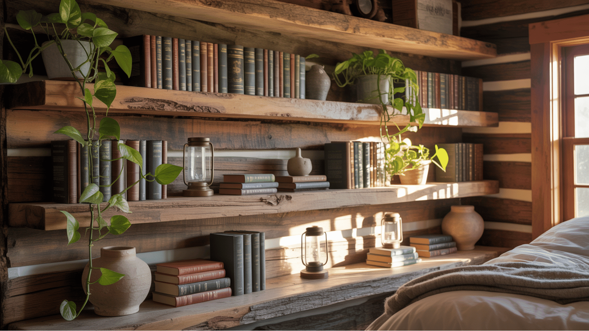 a cozy cabin bedroom with rustic shelves, plants, and vintage lanterns adding warmth to the space.