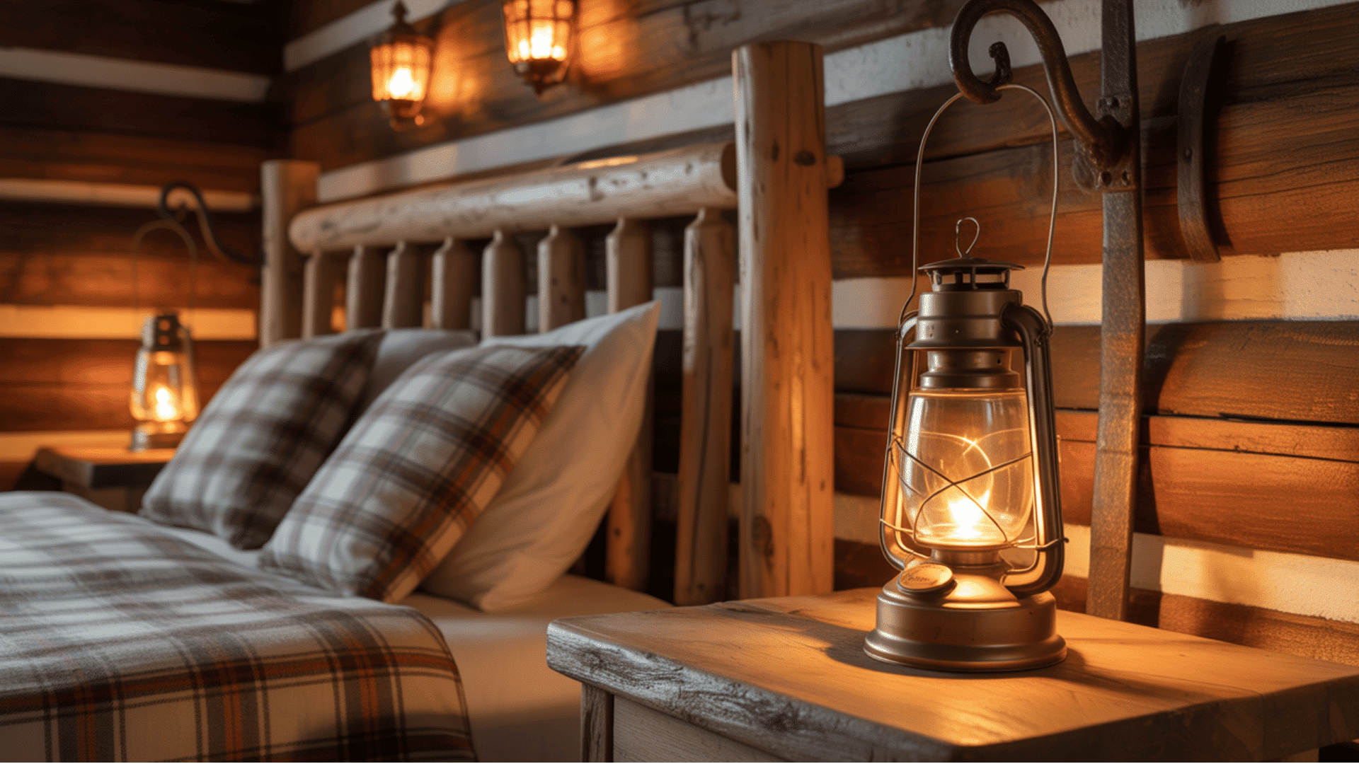 a cozy rustic cabin bedroom with wooden walls, lantern lights, and plaid bedding.