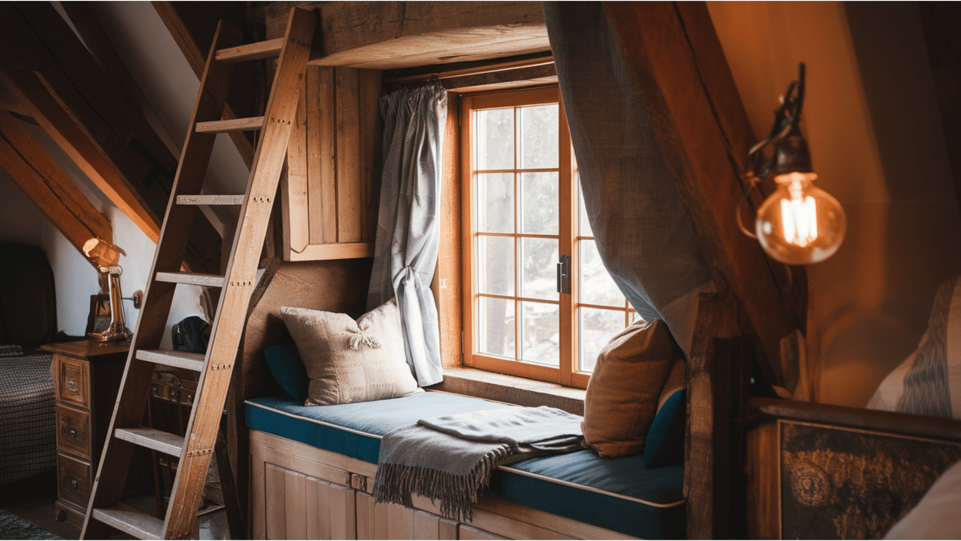 a cozy window seat built into a cabin bedroom with soft pillows and a relaxed atmosphere