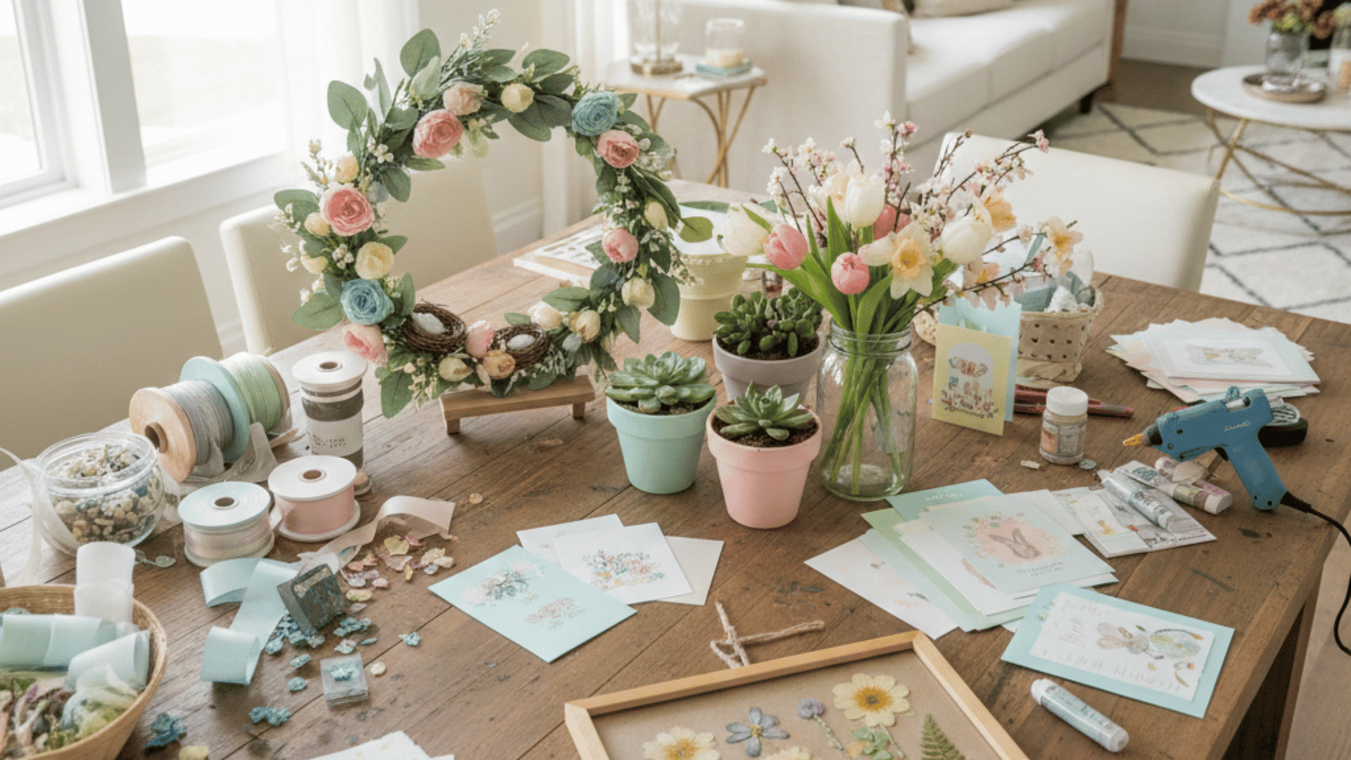a dining table is covered in spring crafts, including a floral wreath, potted succulents, pressed flowers, and handmade cards.