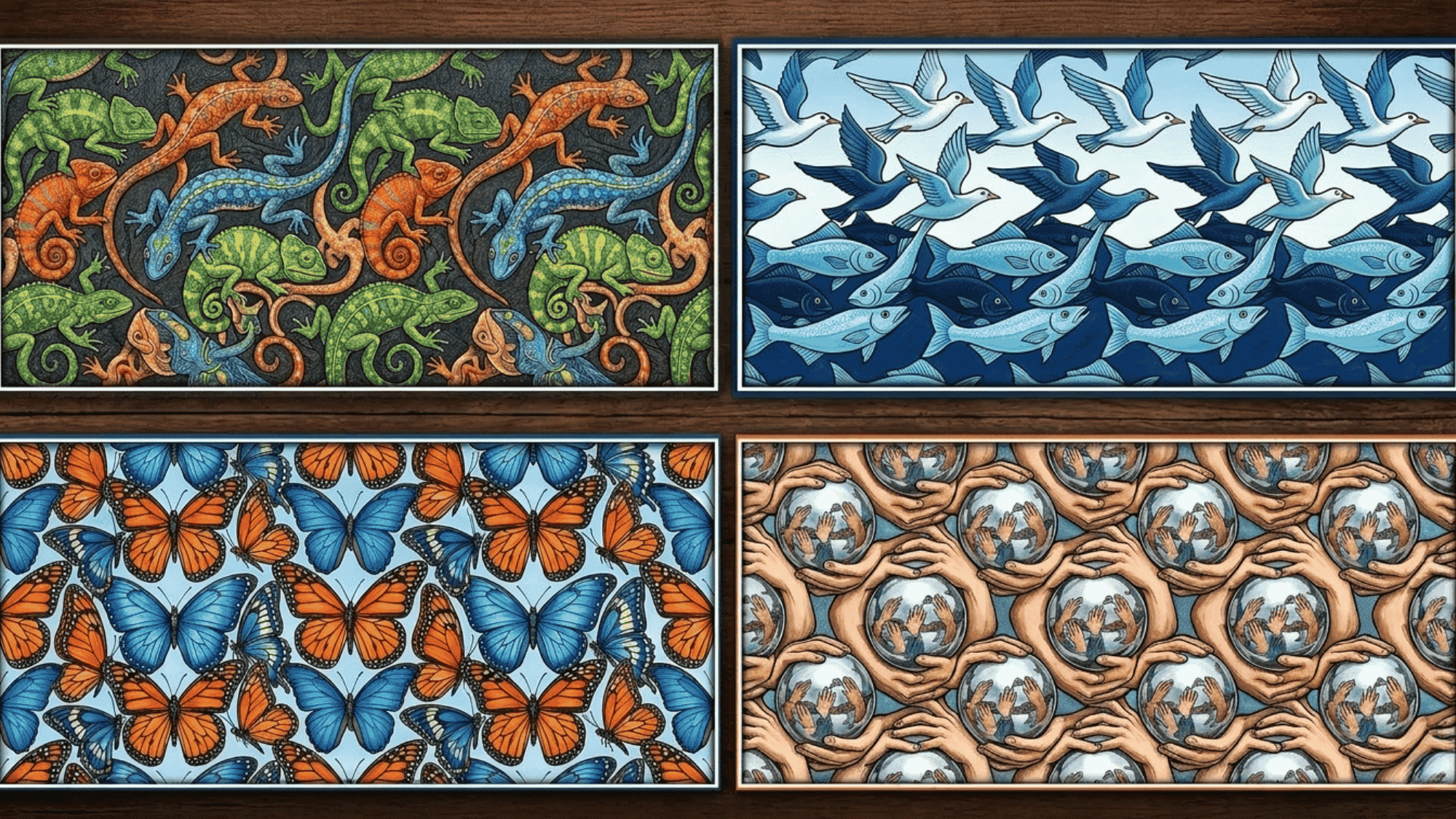 a four grid beautiful collage for Reptiles Tessellation,Sky and Water Tessellation,Butterfly Tessellation,Hand with Reflecting Sphere Tessellation