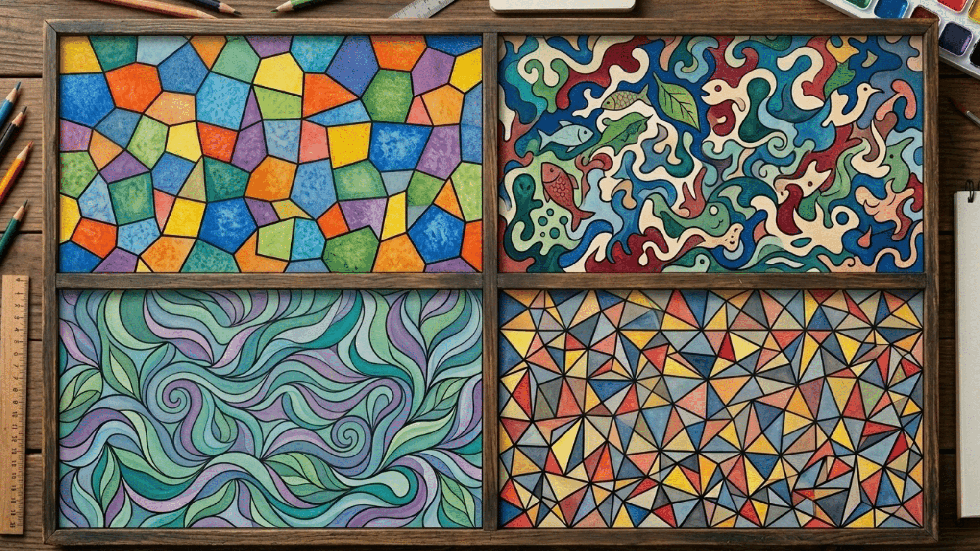 a four grid collage of Odd-Shaped Polygons Tessellation,Freeform Tessellation,Custom Shape Tessellation,irregular Triangles Tessellation