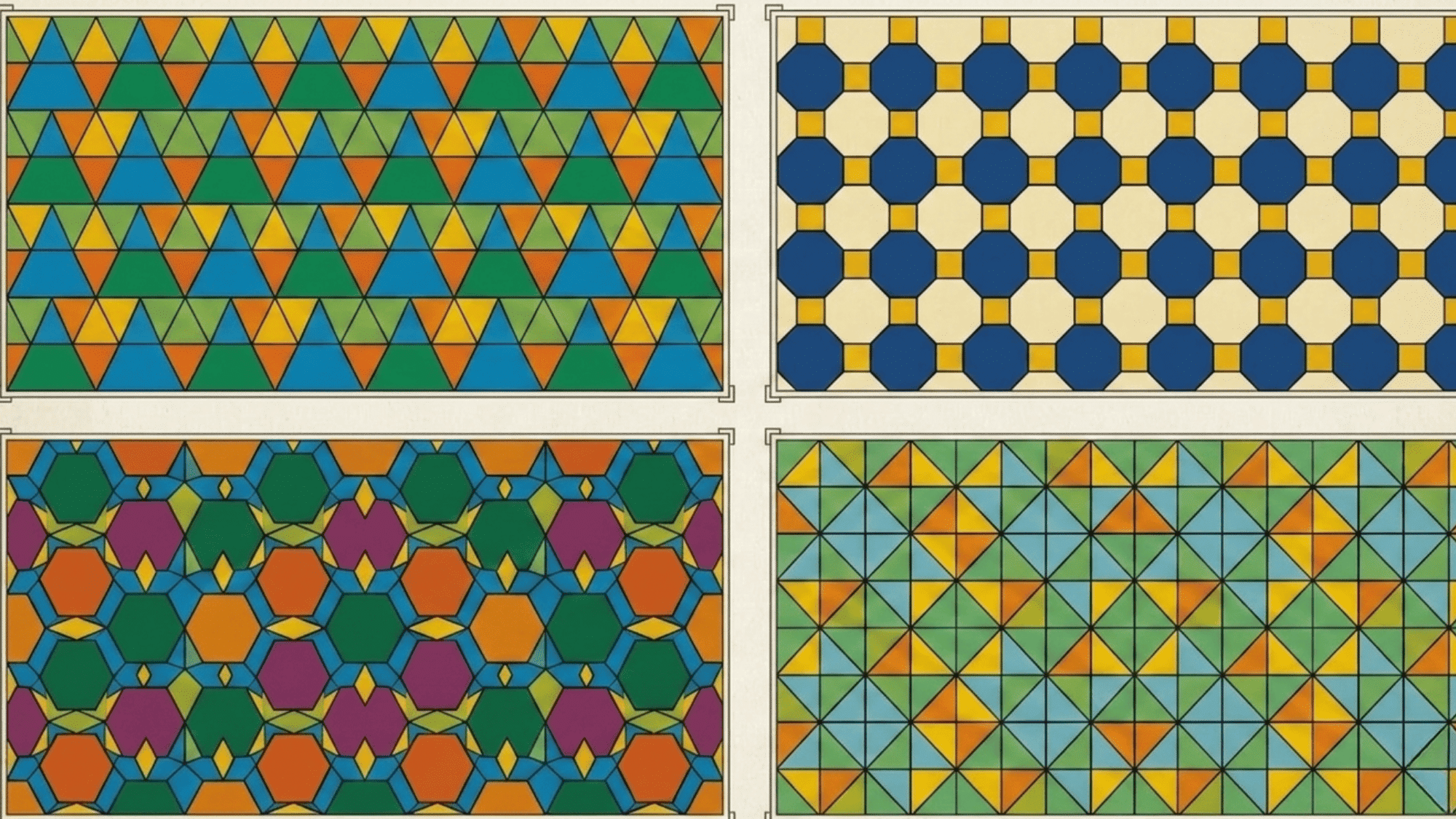 a four grid collage of Triangle and Trapezoid Tessellation,Octagon and Square Tessellation,Regular Hexagon and Diamond Tessellation,Square and Equilateral Triangle Tessellation