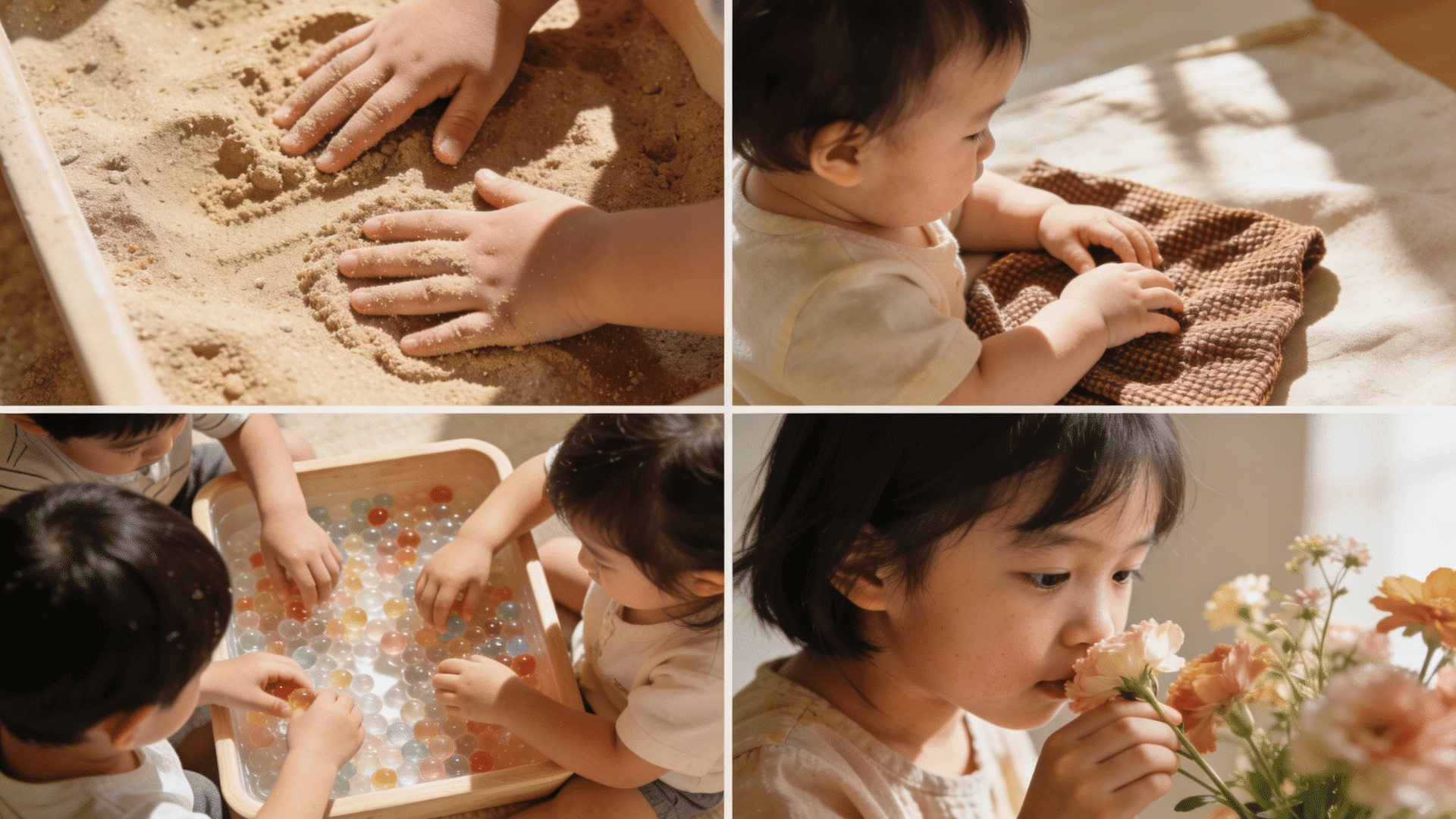 a four-panel photo shows children playing with sand, feeling textured fabric, sorting water beads, and smelling flowers.