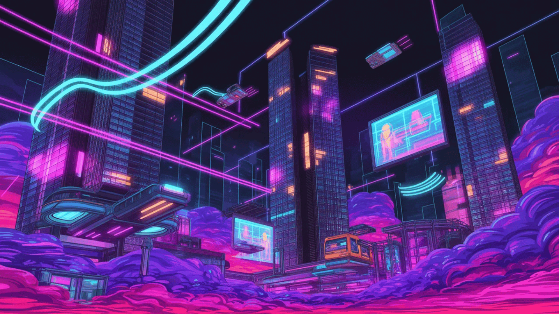 a futuristic digital art of cityscape at night with tall skyscrapers, flying cars, and holographic screens amidst purple clouds.