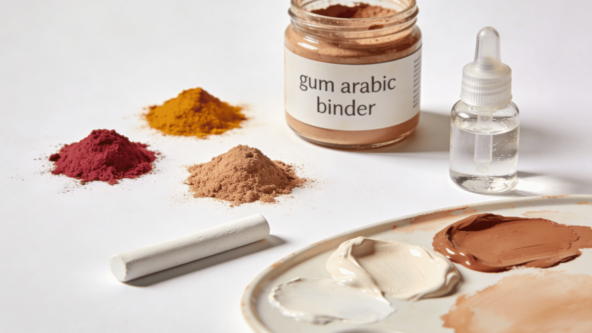 a hand-labeled jar of gum arabic binder sits near small piles of earth-toned pigment powders and a white mixing palette.