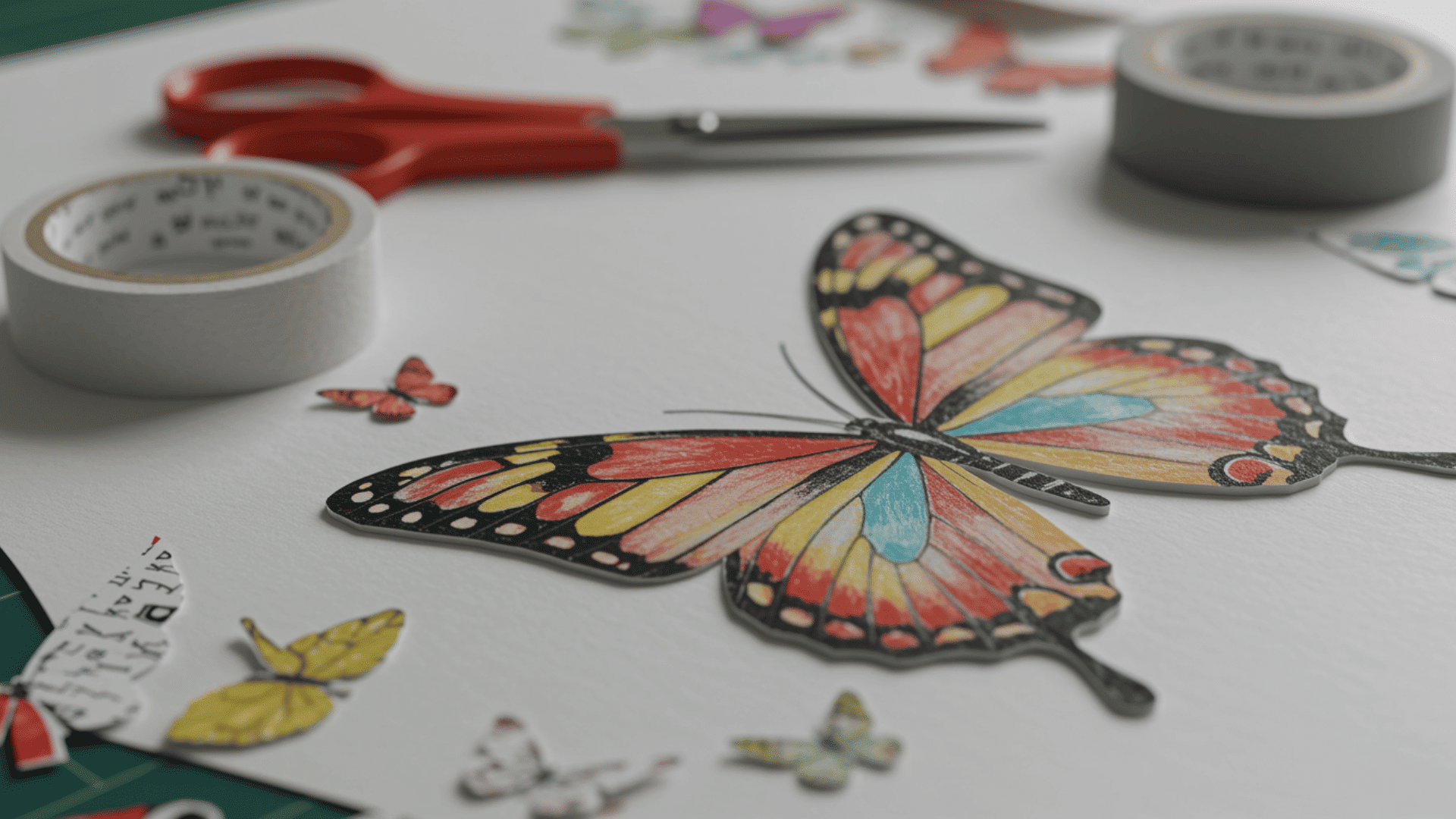 a large hand-colored paper butterfly sits on a white desk surrounded by smaller butterflies, tape, and red scissors.