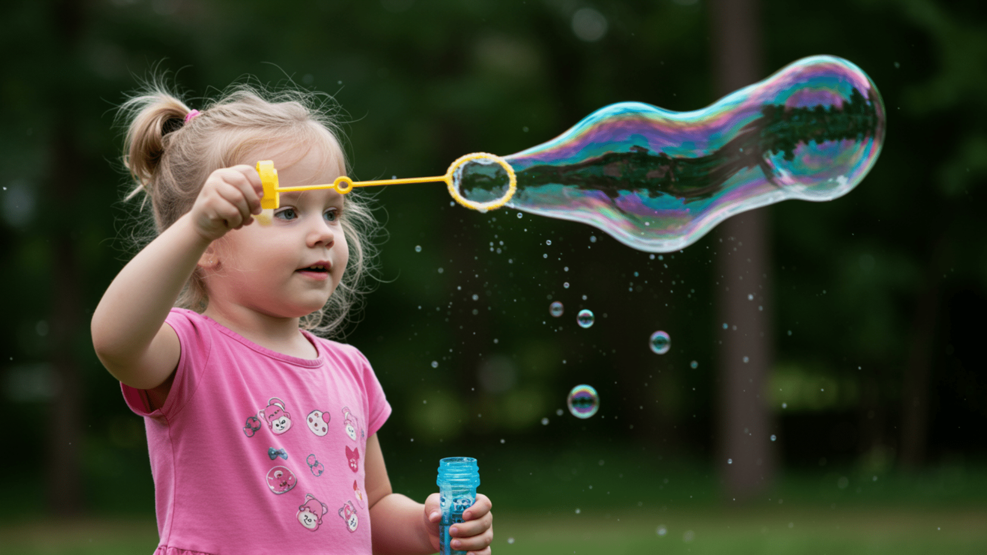 a little girl playing with bubbles outdoors, holding a yellow bubble wand with a large, colorful bubble floating in front of her