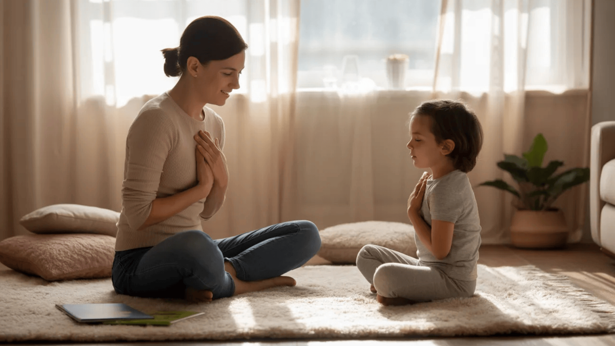 a mother and child practicing yoga together in a peaceful, sunlit room