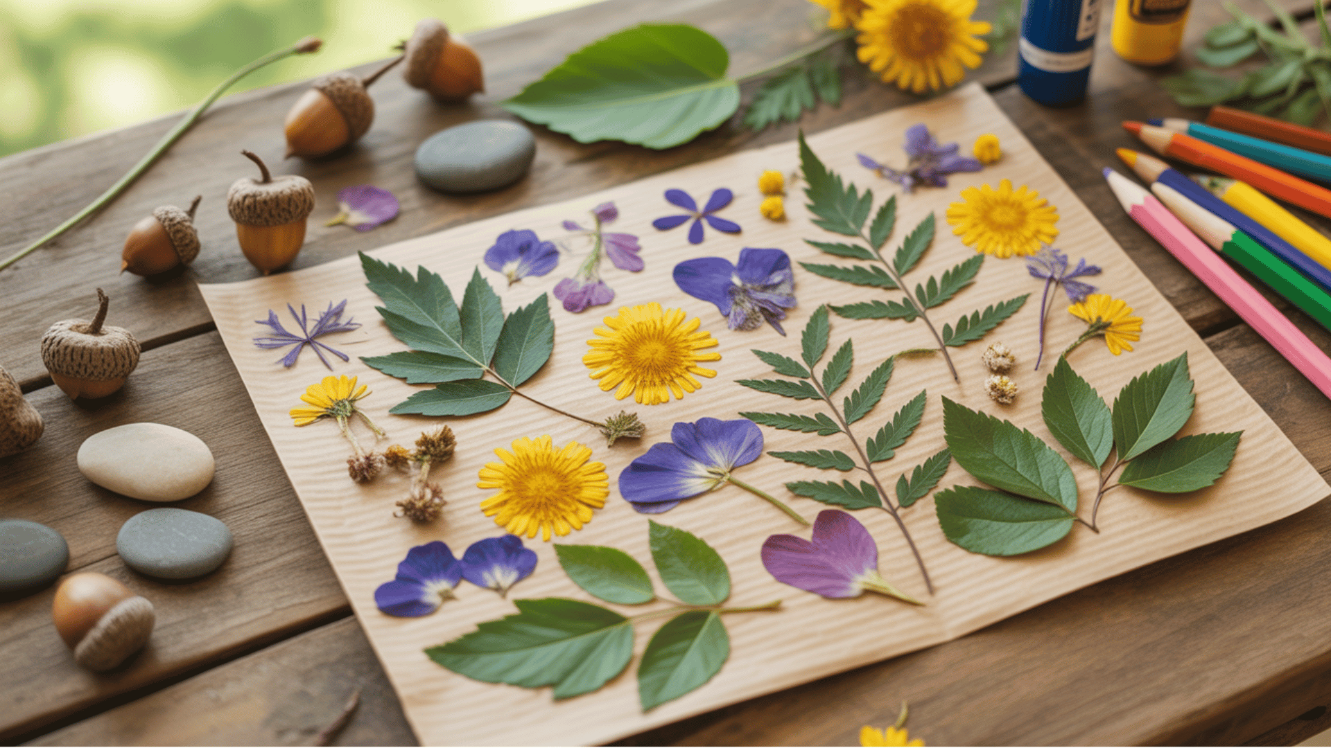 a nature collage made from various leaves, flowers, and petals arranged artistically