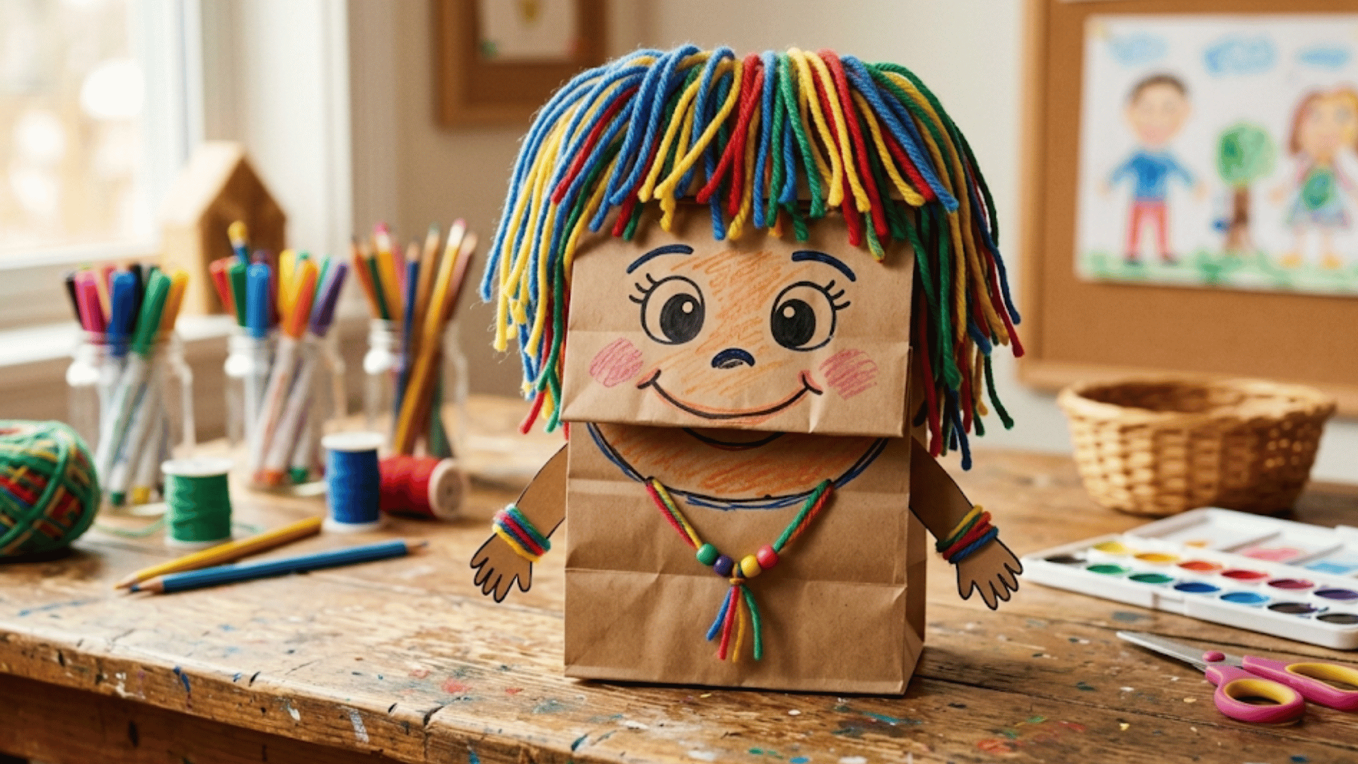 a paper bag puppet decorated with yarn hair and a drawn face