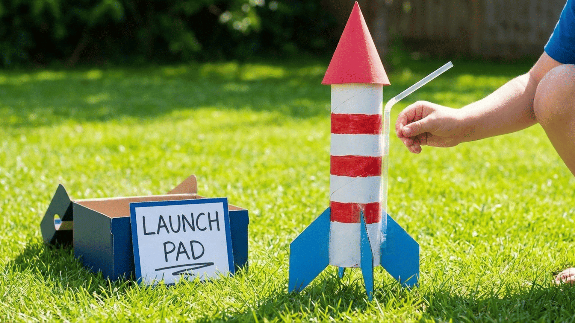 a paper rocket tube with fins and a pointed nose, attached to a drinking straw, ready to launch