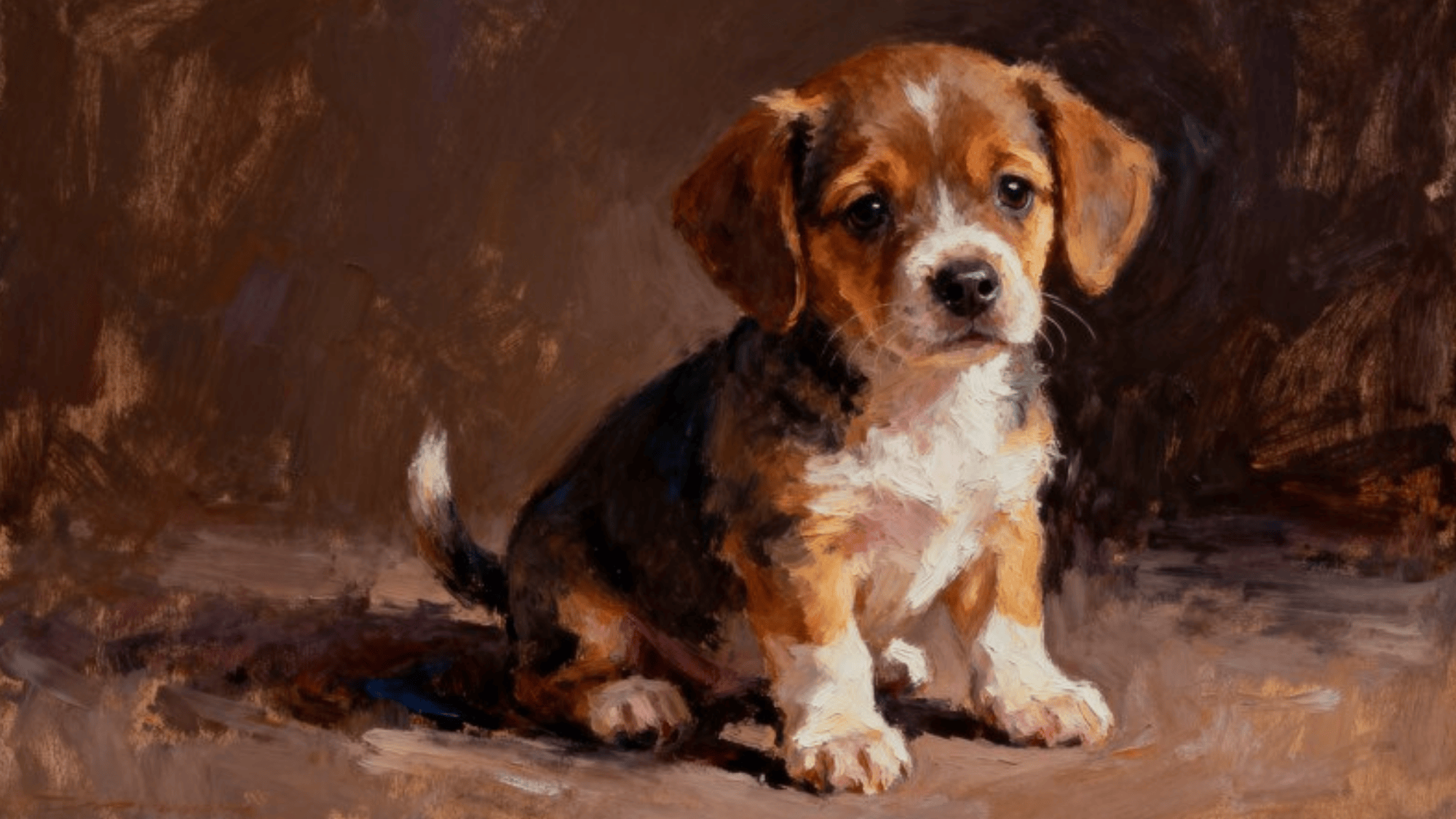 a pastel painting of an adorable puppy, sitting with a curious expression, showcasing soft brown, white, and black fur against a warm background