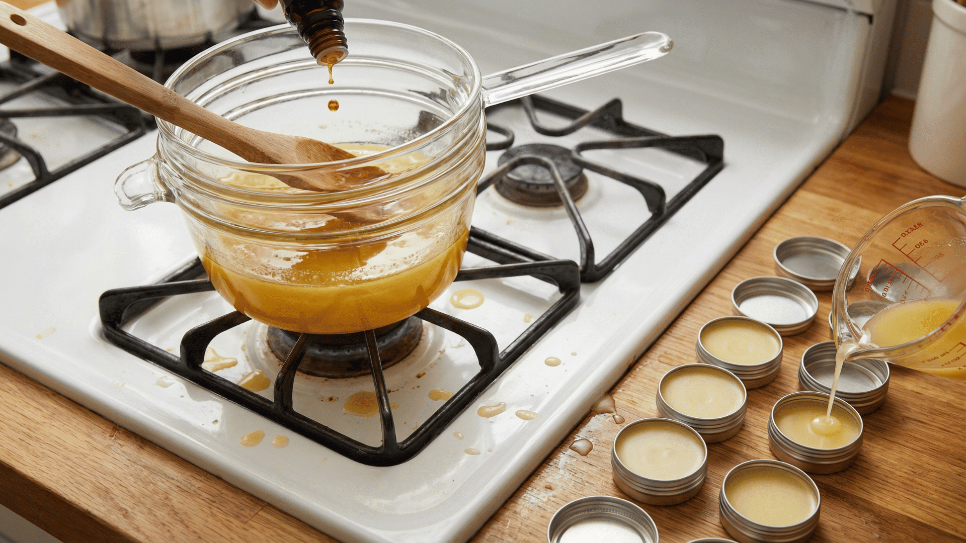a person adds essential oil to a double boiler of melted wax while pouring the mixture into small metal tins.