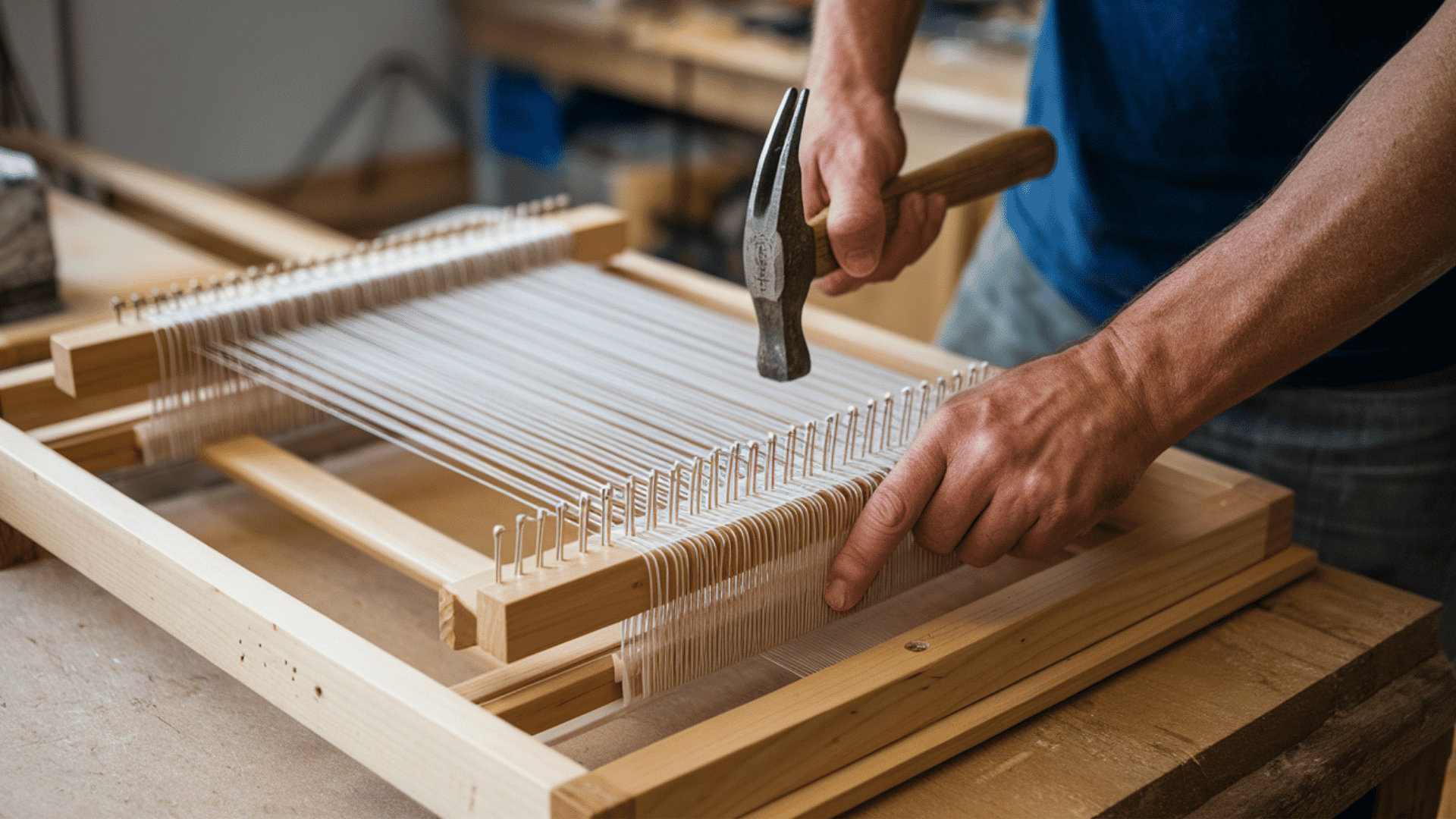 a person assembling a cardboard loom with yarn, demonstrating the diy weaving process.