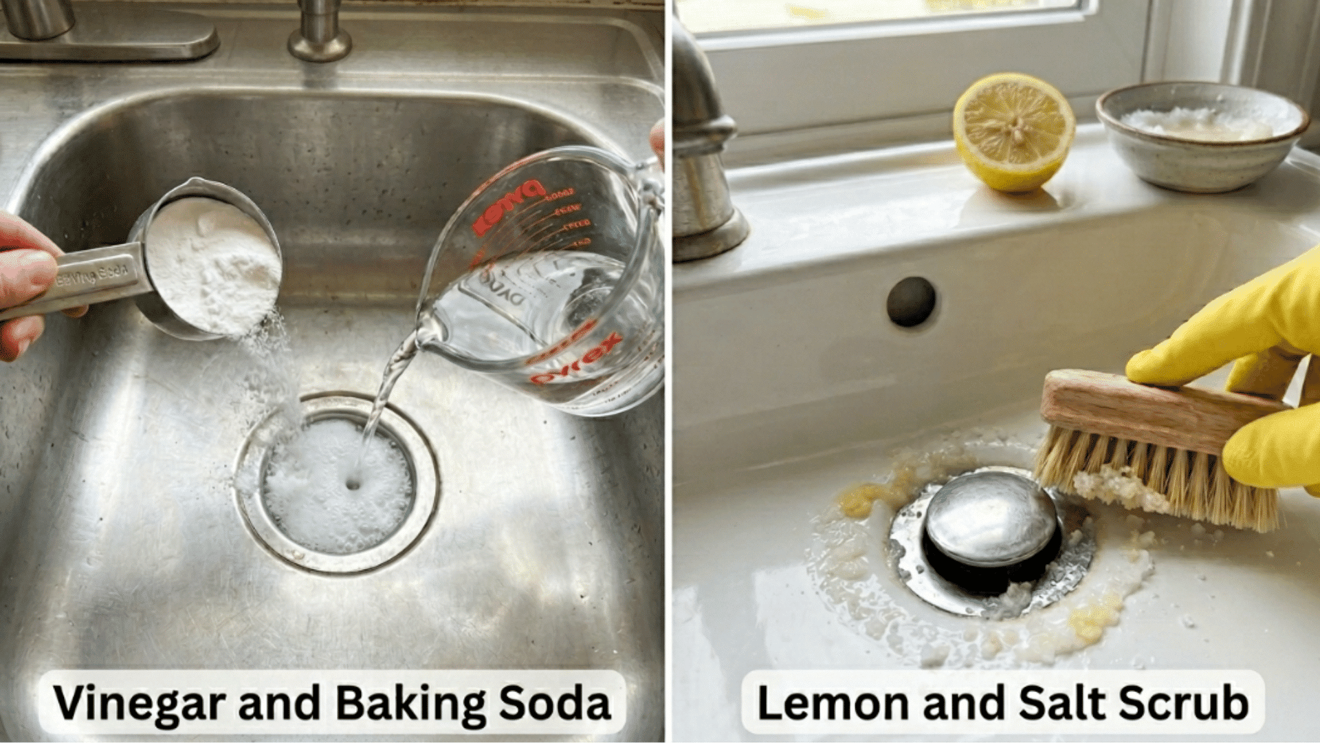 a person pouring baking soda and water into a kitchen sink drain, while another image shows a lemon and a brush by the drain.