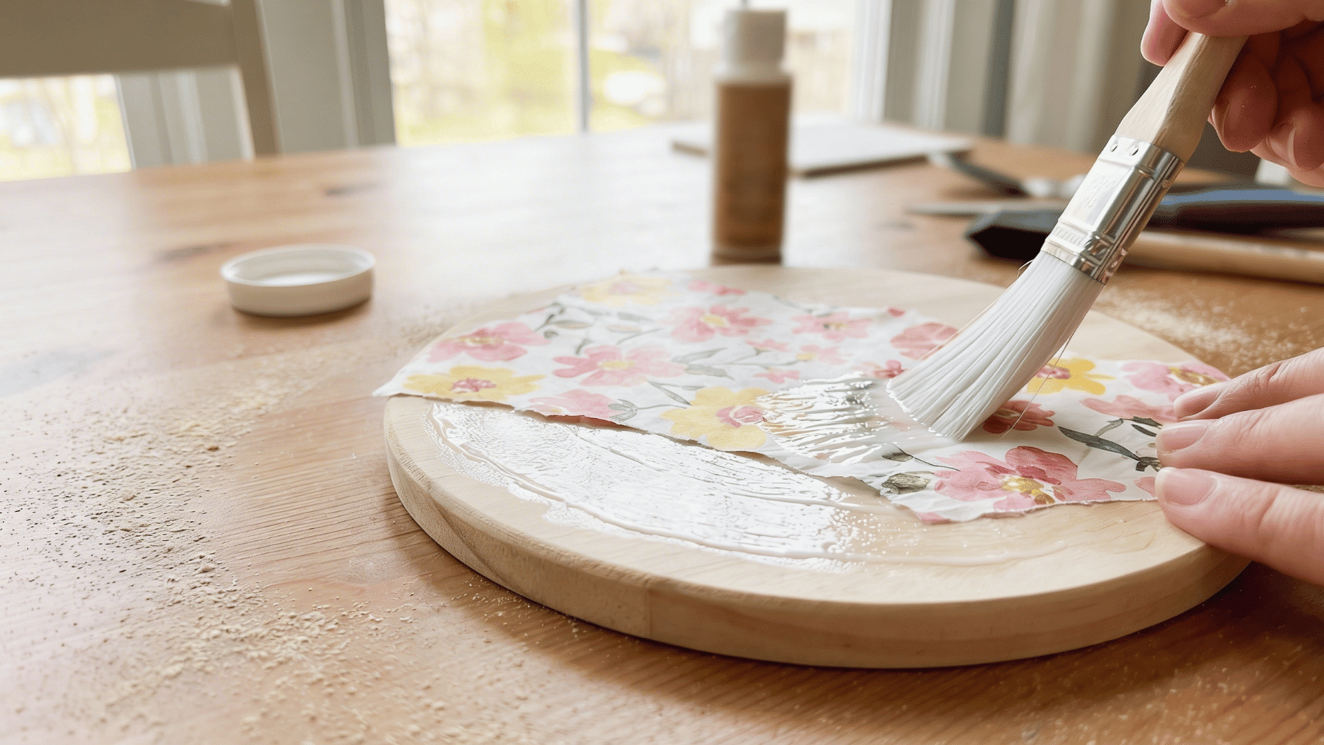 a person uses a paintbrush to apply glue to a floral napkin being decoupaged onto a round wooden plaque.