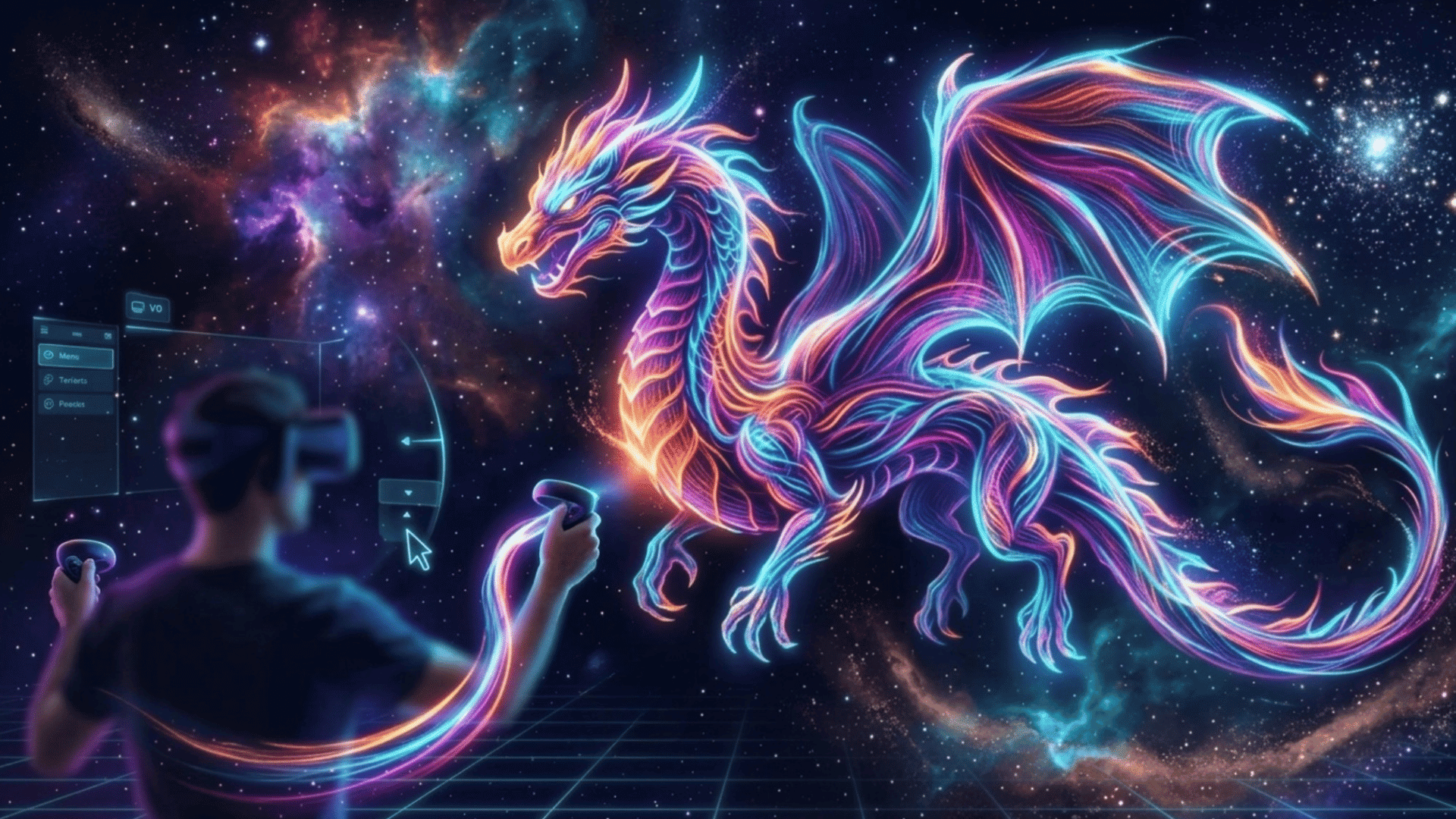a person wearing a vr headset and using controllers to interact with a vibrant, neon-colored dragon in space