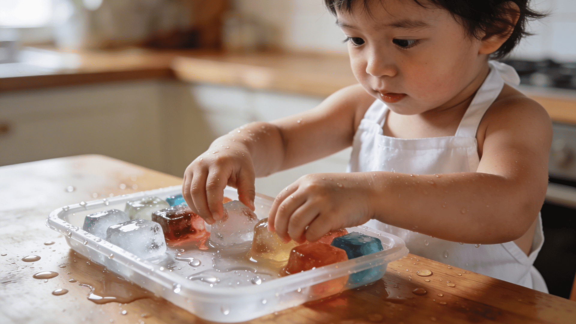 a preschooler in a white apron touches a tray of melting, translucent ice cubes dyed in rainbow colors.