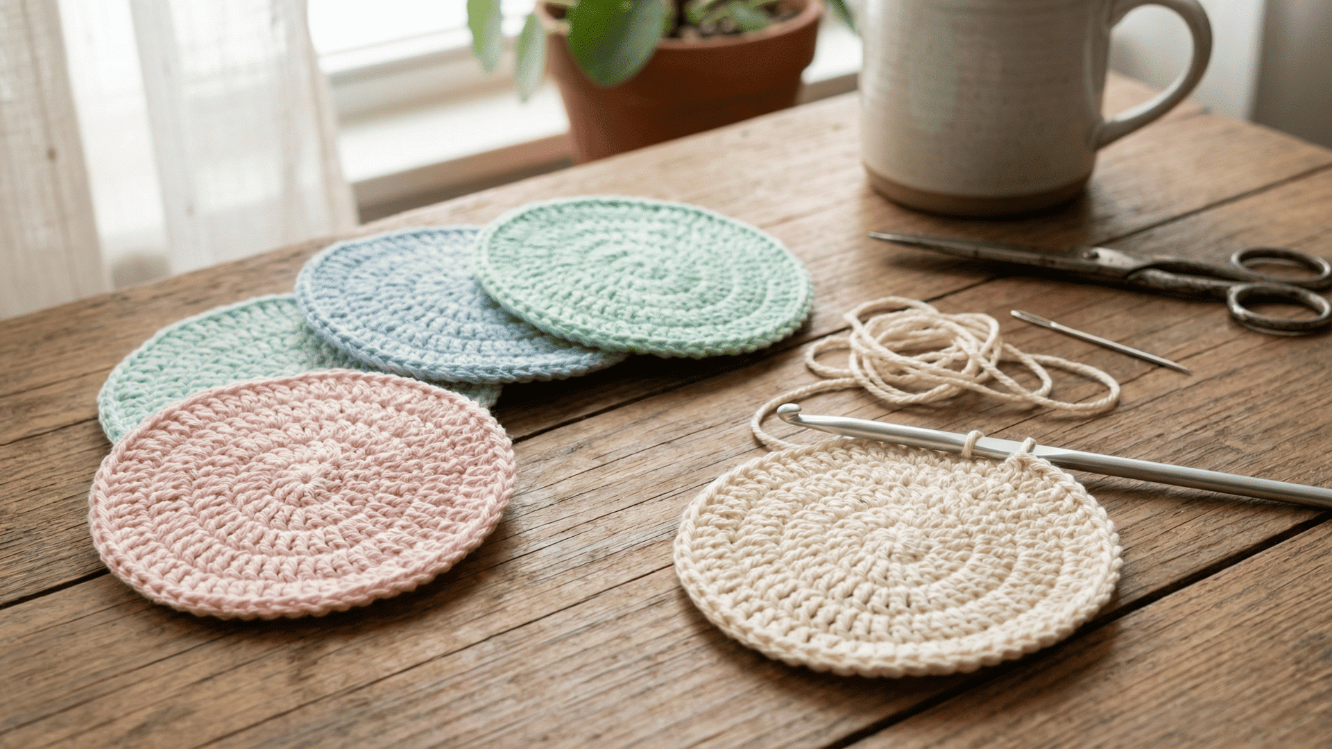 a set of pastel crocheted coasters in pink, blue, and green sits on a wooden table next to a crochet hook and cream yarn.