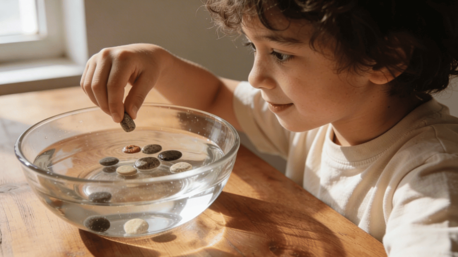 a smiling child carefully places small, smooth stones into a clear glass bowl of water to see if they sink.