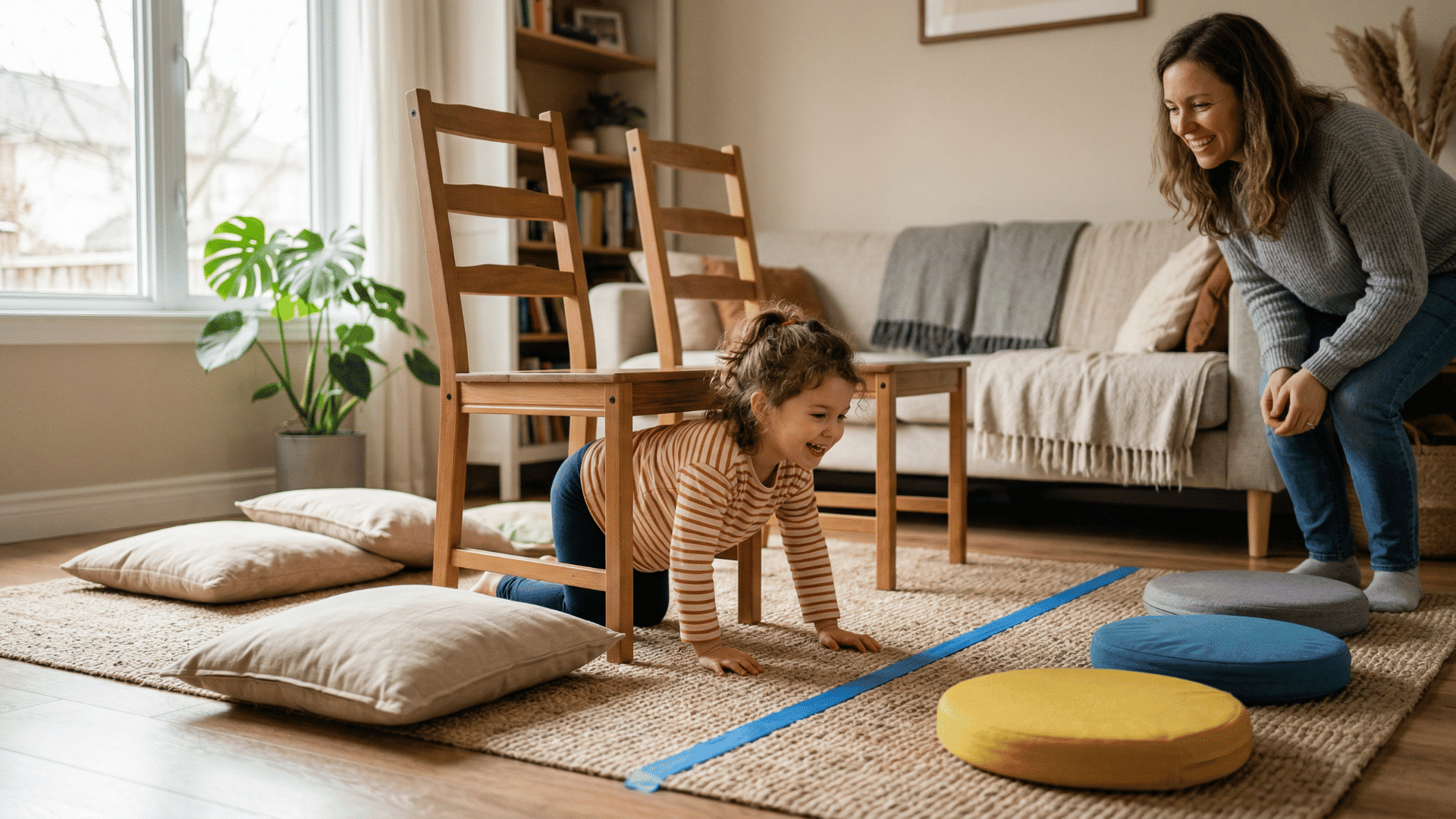 a smiling girl crawls under a wooden chair while a woman watches in a cozy living room with floor cushions.