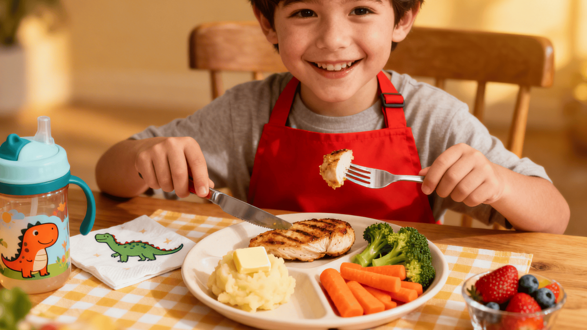 a toddler eating his lunch on the table