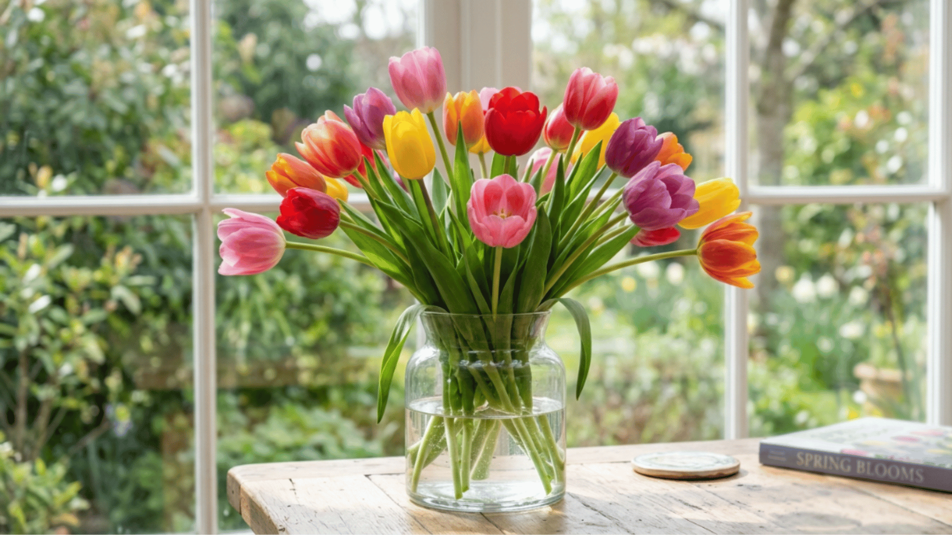 a vibrant bouquet of tulips in a vase, basking in sunlight with window in the background