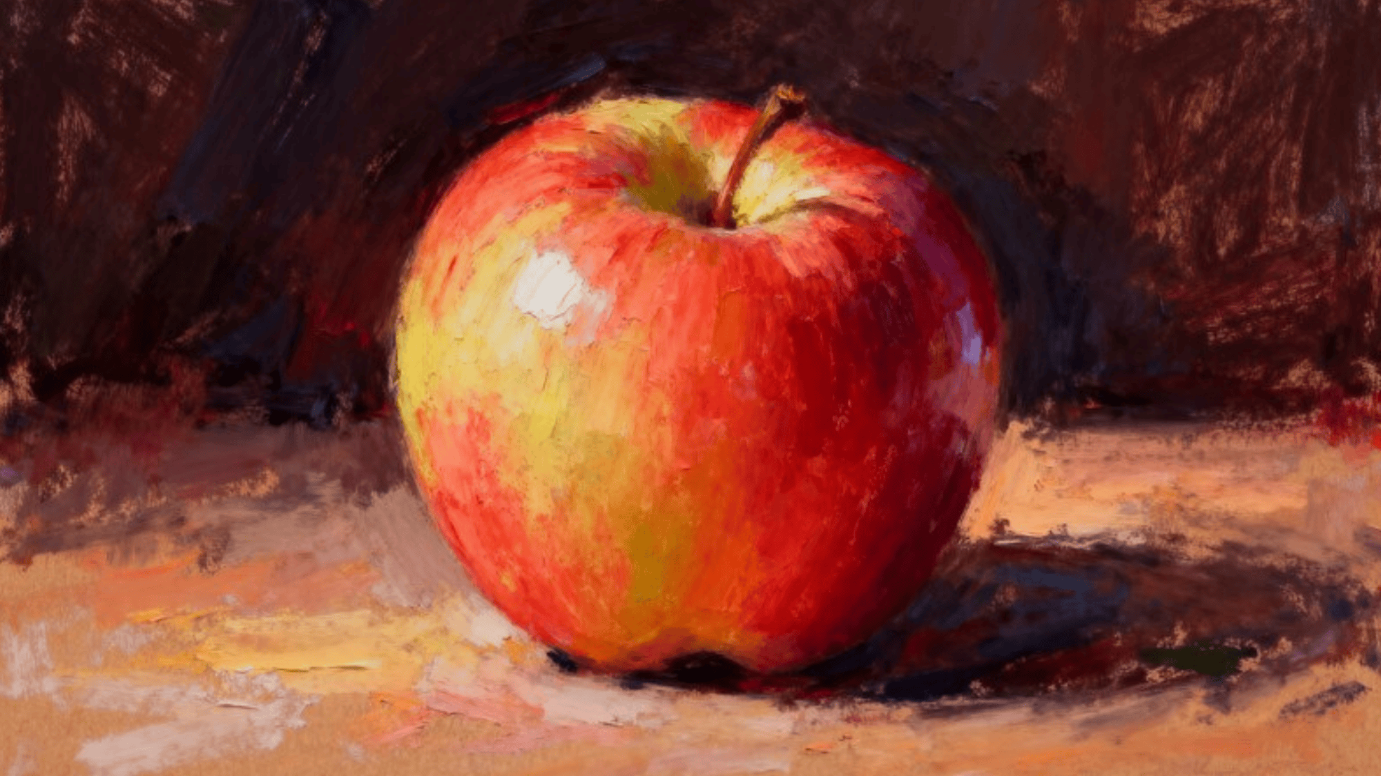 a vibrant pastel painting of a red and yellow apple, showcasing rich texture and light reflections on the surface