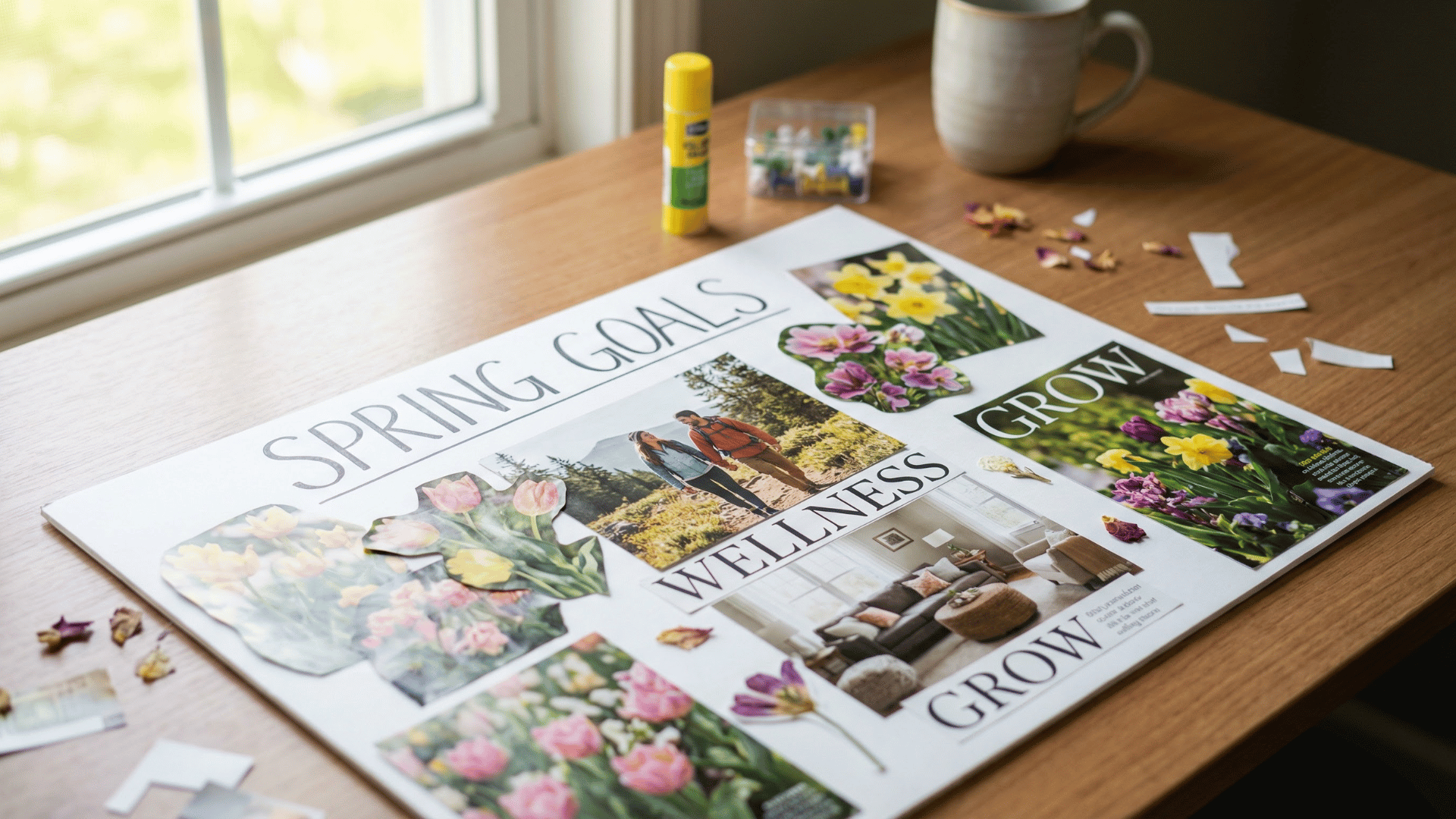 a vision board on a wooden table features SPRING GOALS with floral cutouts and photos of wellness and nature.