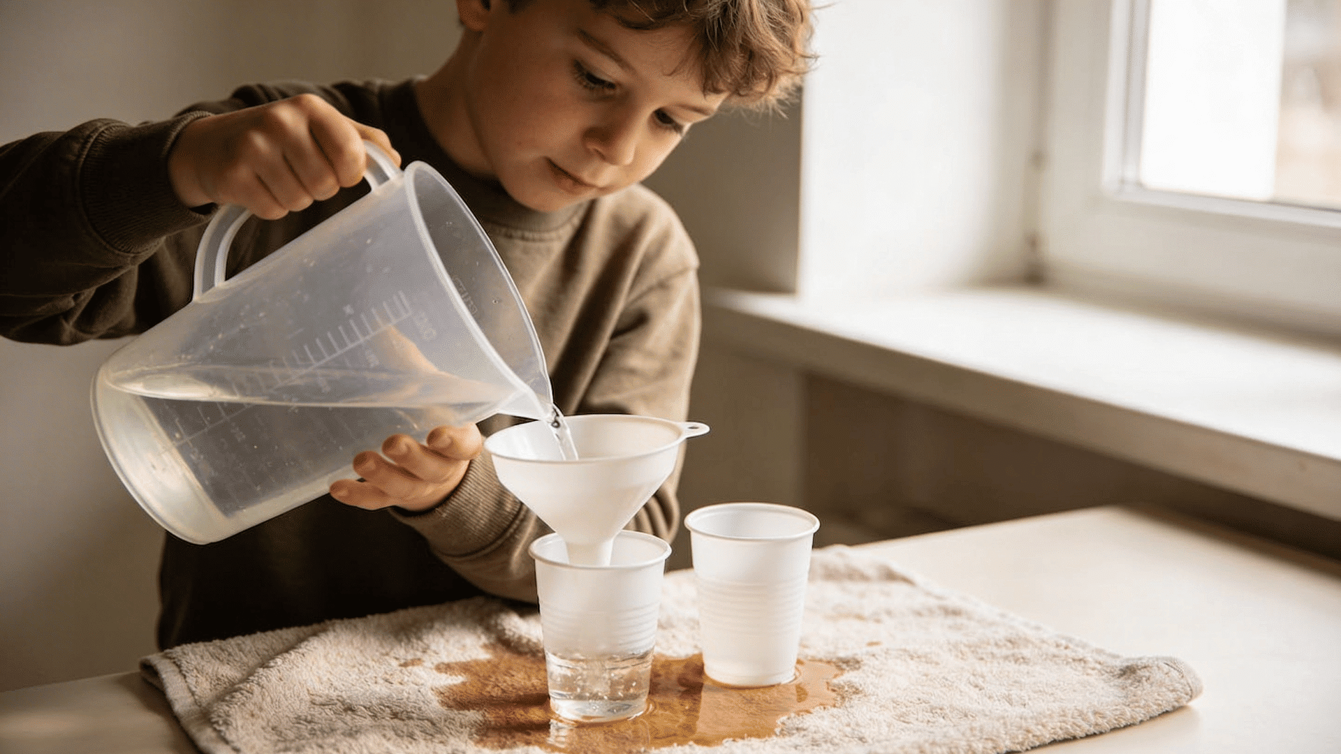 a young boy carefully pours water from a large plastic pitcher into a funnel placed over a white cup