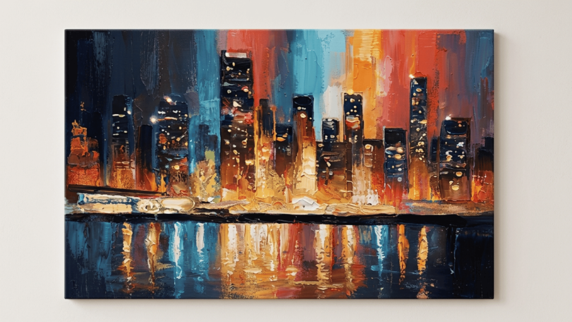 abstract acrylic city skyline painting with thick textured strokes and glowing lights reflecting on water at night on canva